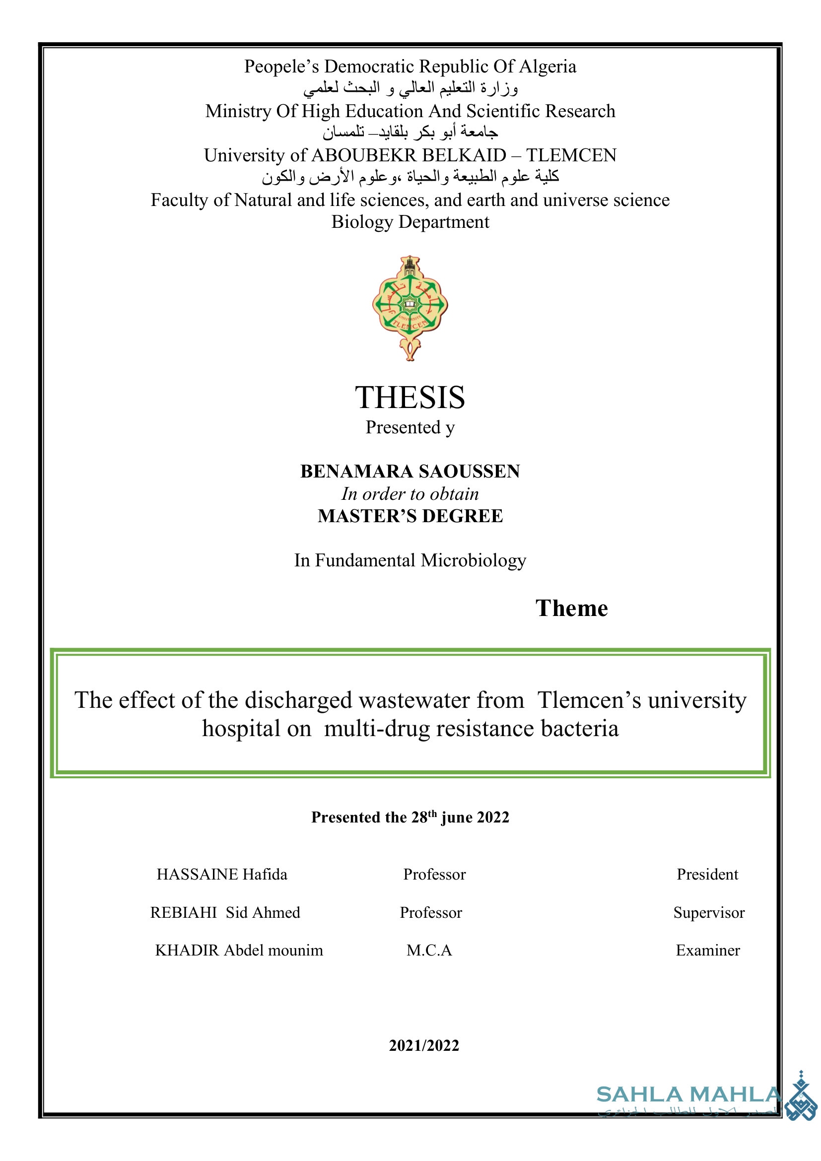 The effect of the discharged wastewater from Tlemcen's university hospital on multi-drug resistance bacteria