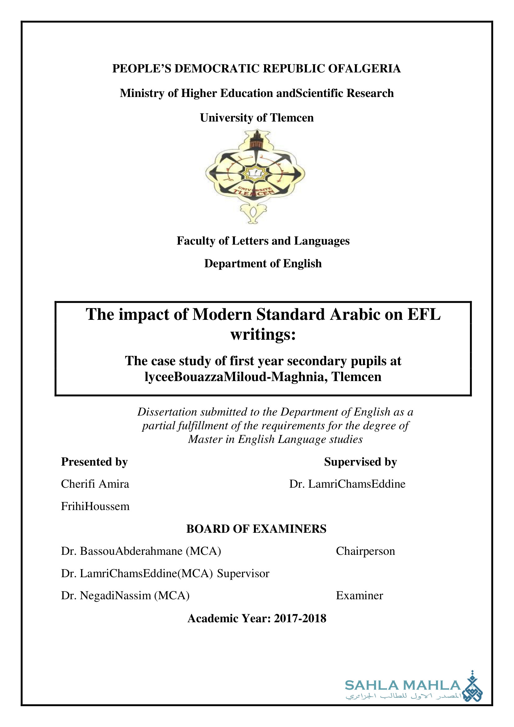 The impact of Modern Standard Arabic on EFL writings: The case study of first year secondary pupils at lycee Bouazza Miloud-Maghnia, Tlemcen