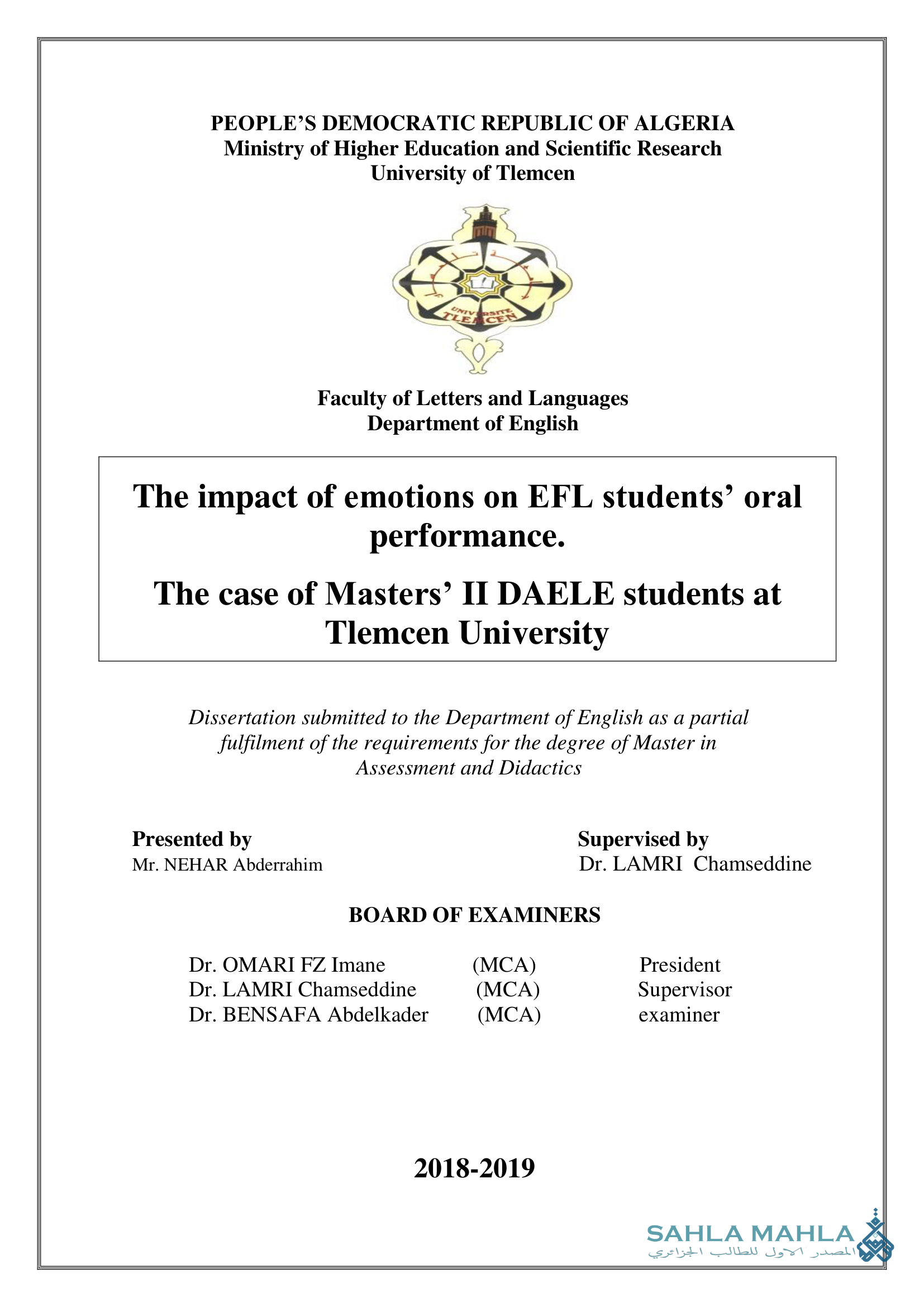 The impact of emotions on EFL students' oral performance. The case of Masters' II DAELE students at Tlemcen University