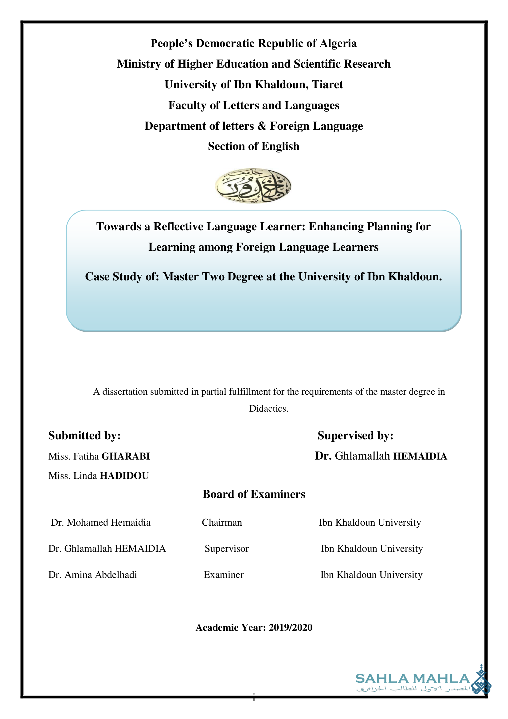 Towards a Reflective Language Learner: Enhancing Planning for Learning among Foreign Language Learners - Case Study of: Master Two Degree at the University of Ibn Khaldoun