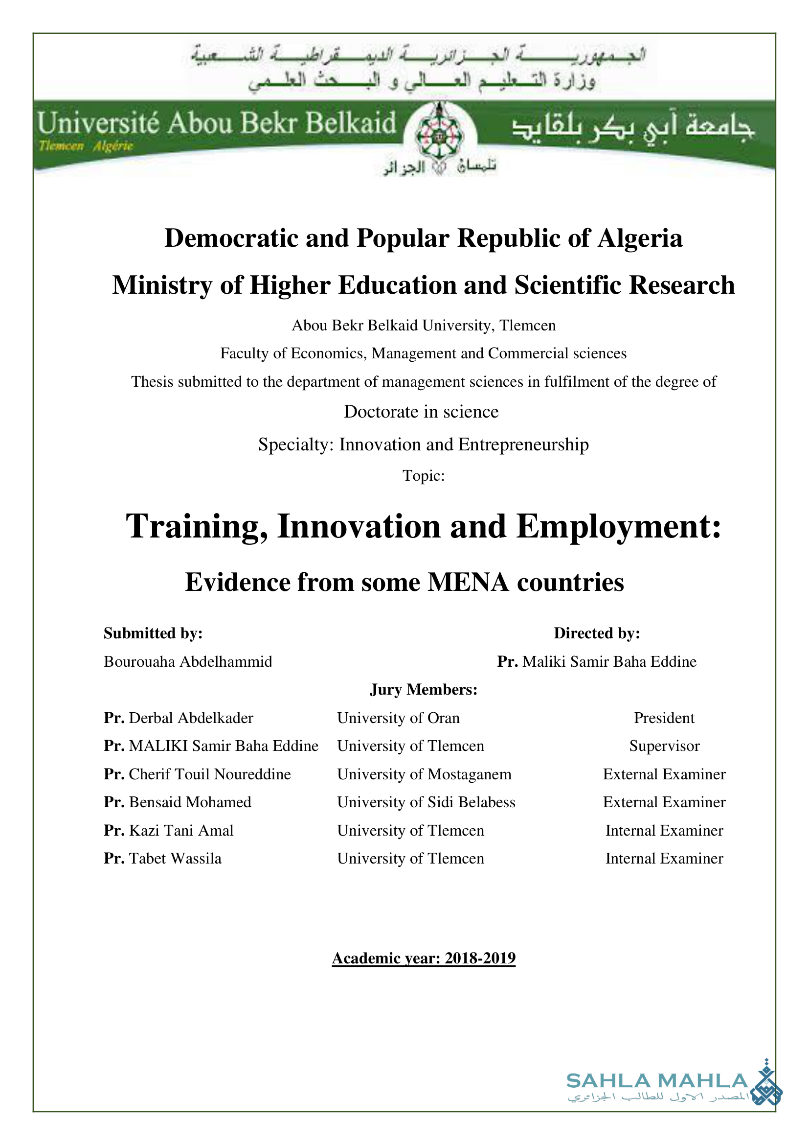 Training, Innovation and Employment: Evidence from some MENA countries