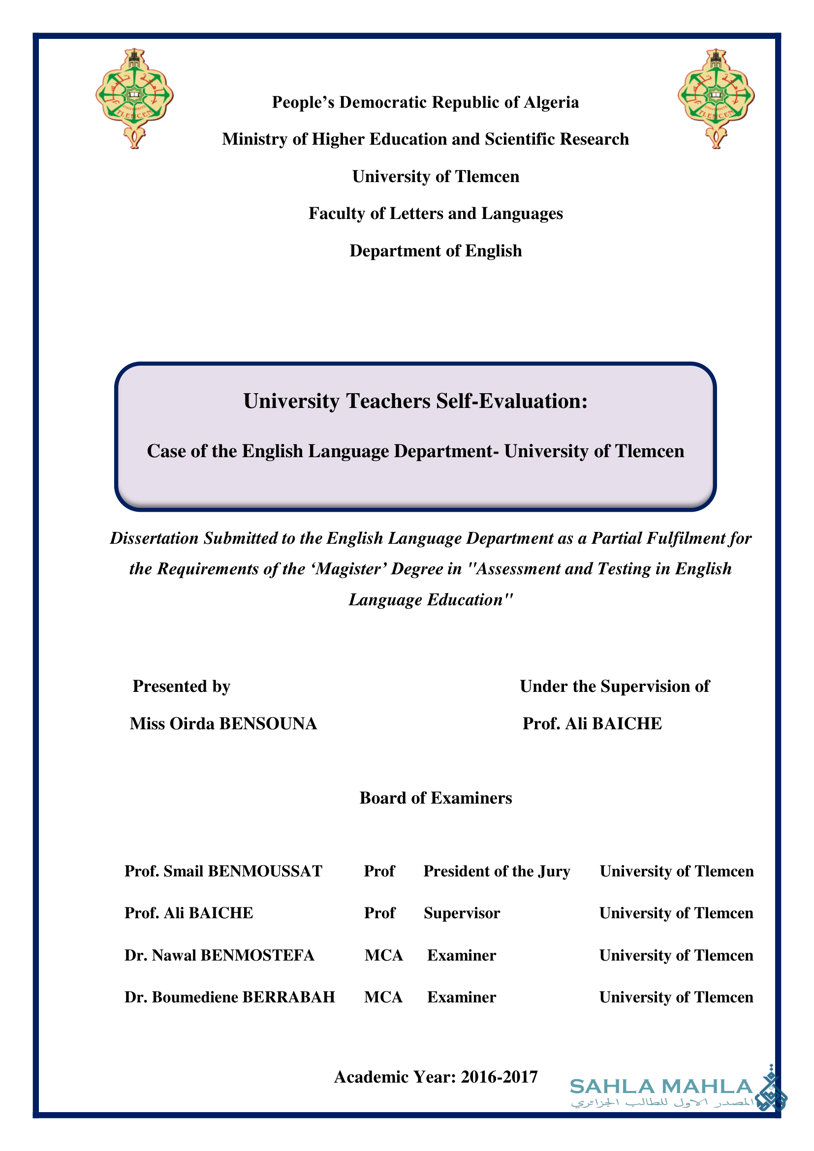 University Teachers Self-Evaluation: Case of the English Language Department- University of Tlemcen