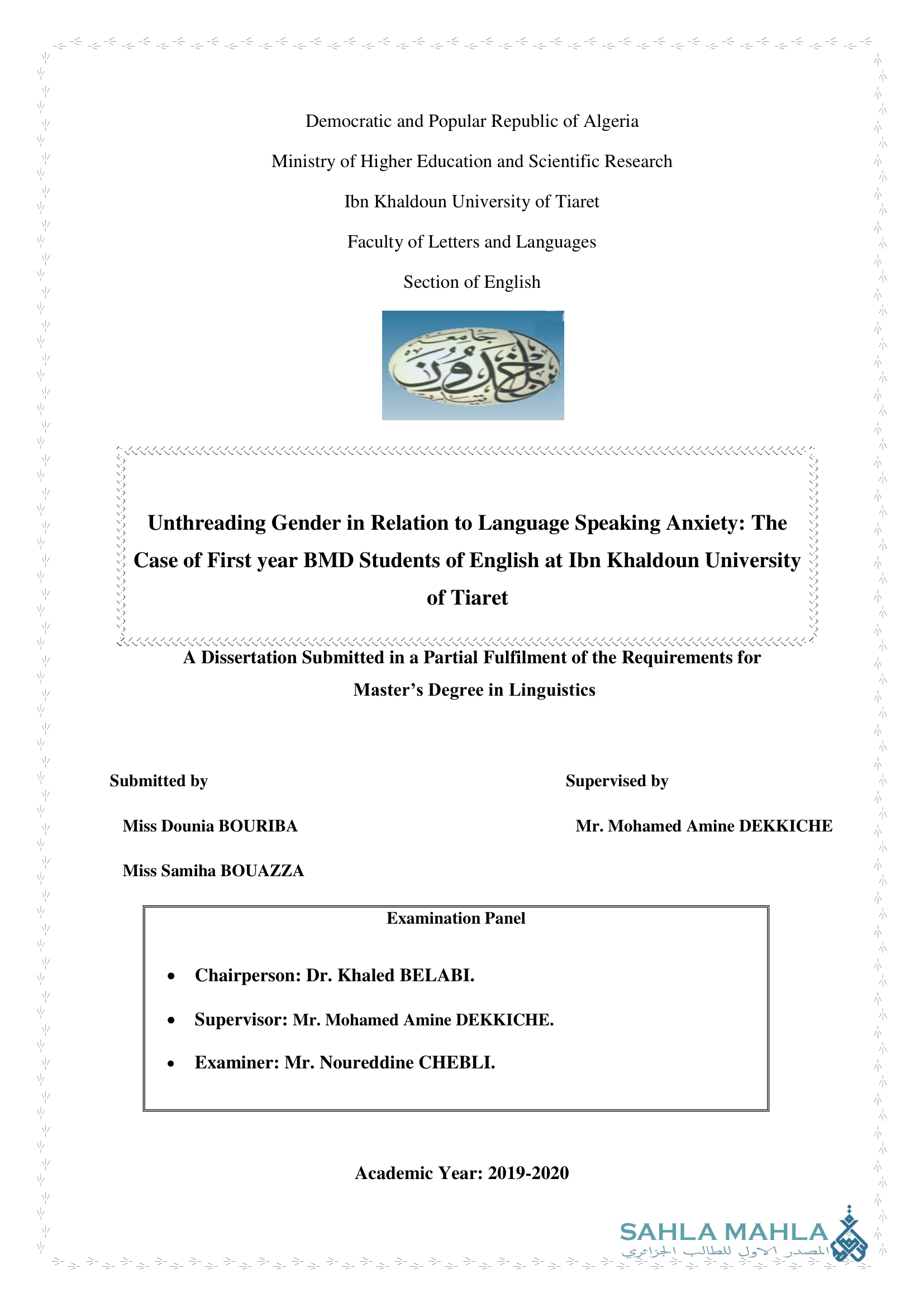 Unthreading Gender in Relation to Language Speaking Anxiety: The Case of First year BMD Students of English at Ibn Khaldoun University of Tiaret