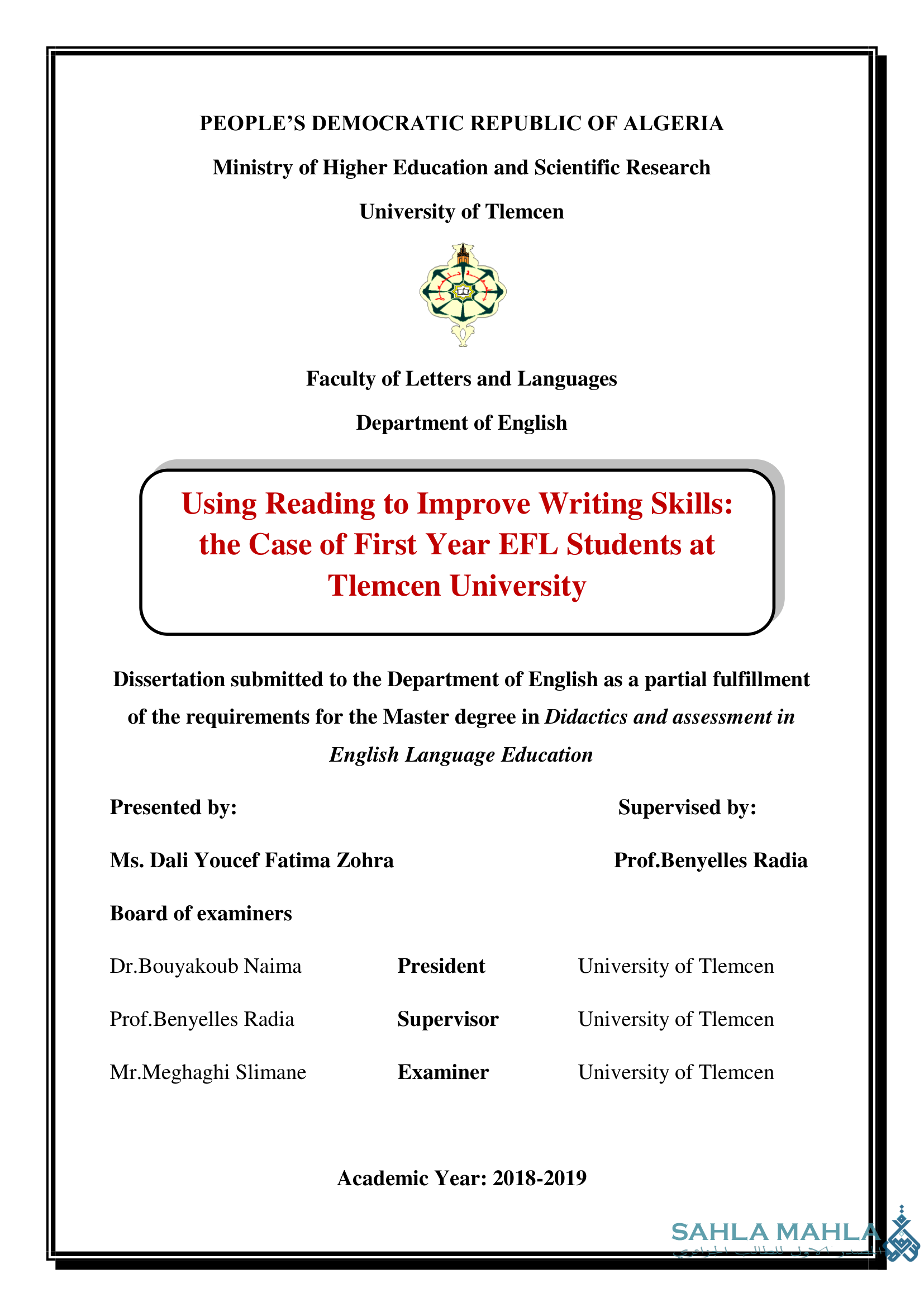 Using Reading to Improve Writing Skills: the Case of First Year EFL Students at Tlemcen University