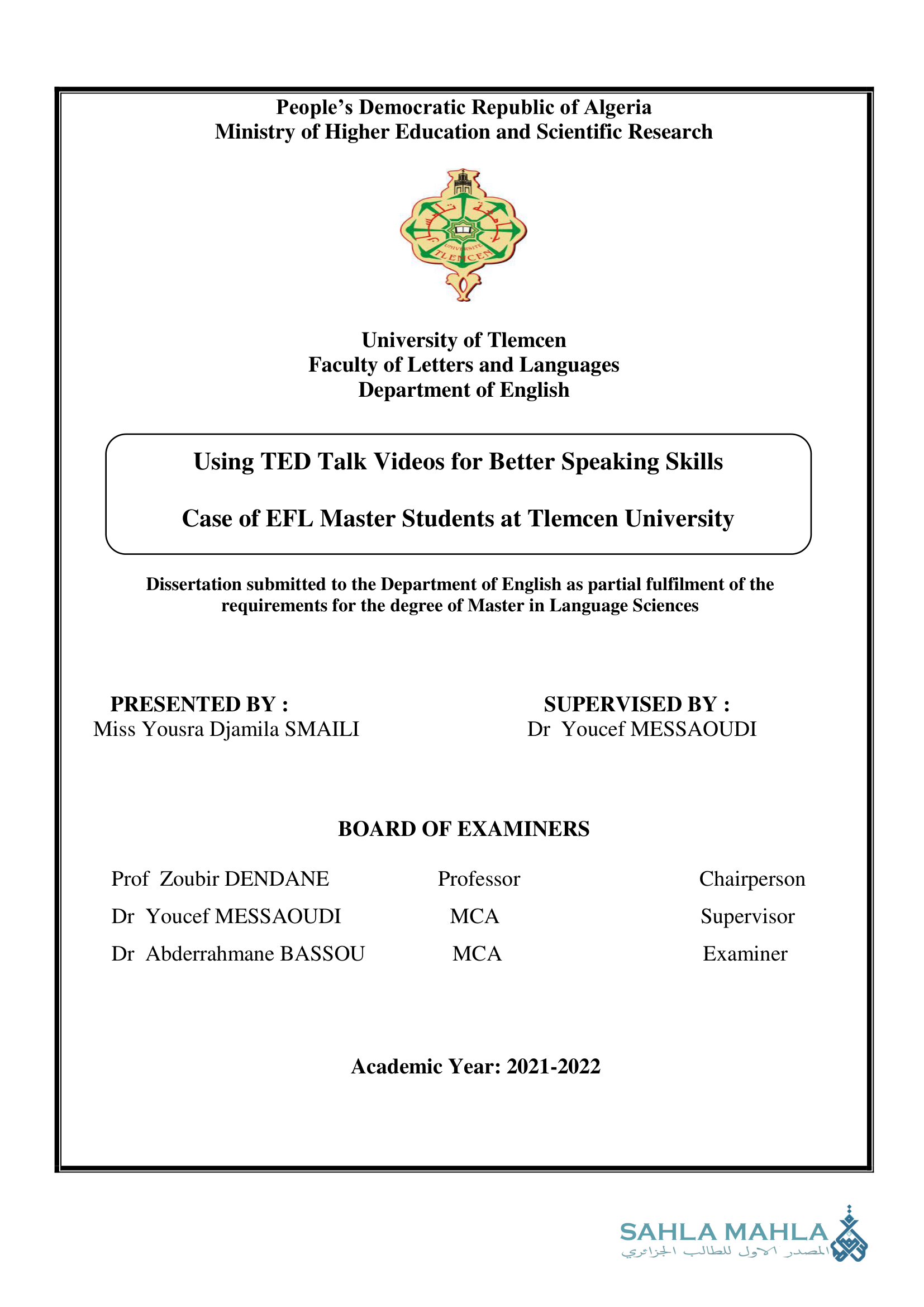 Using TED Talk Videos for Better Speaking Skills: Case of EFL Master Students at Tlemcen University
