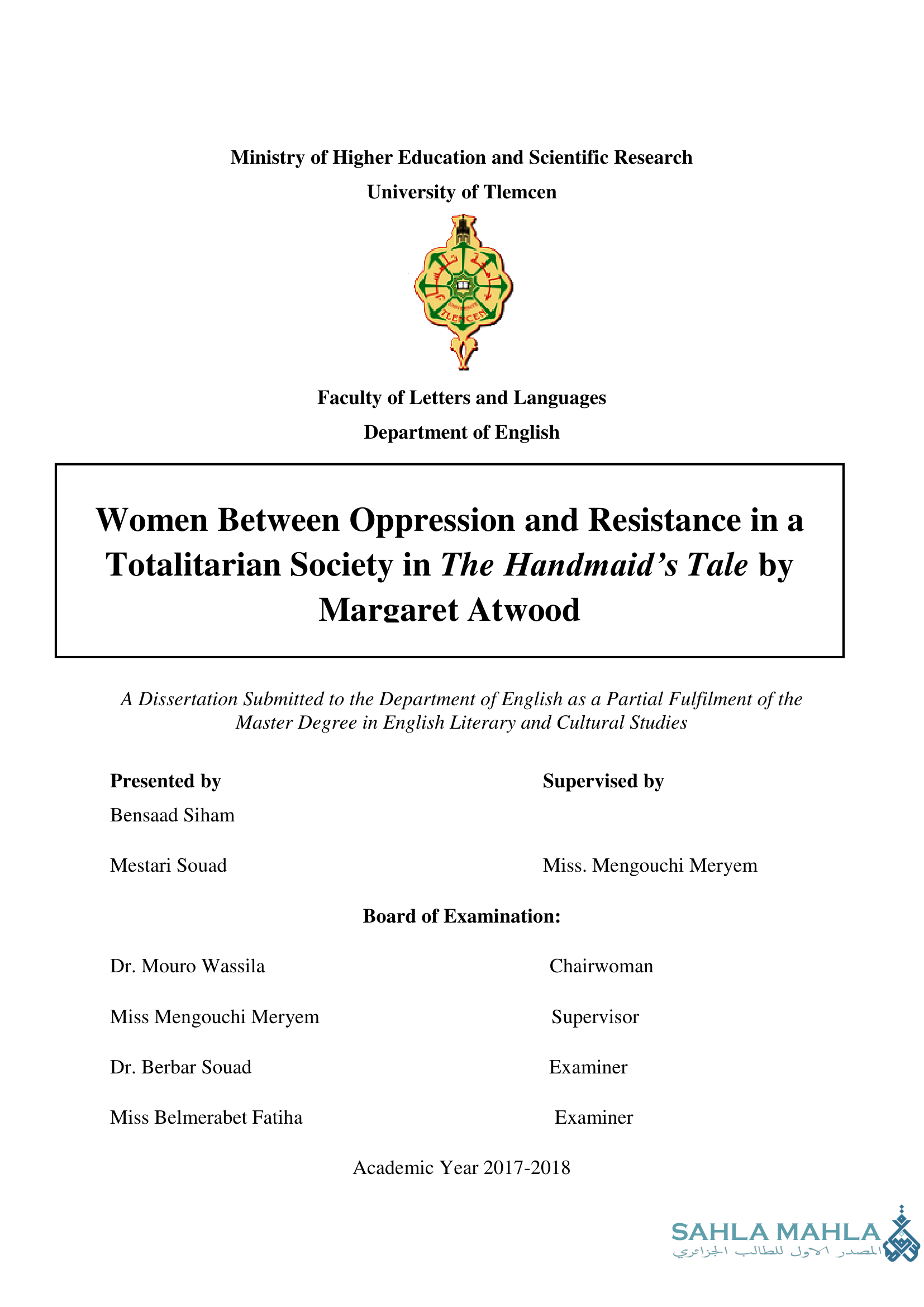 Women Between Oppression and Resistance in a Totalitarian Society in The Handmaid's Tale by Margaret Atwood