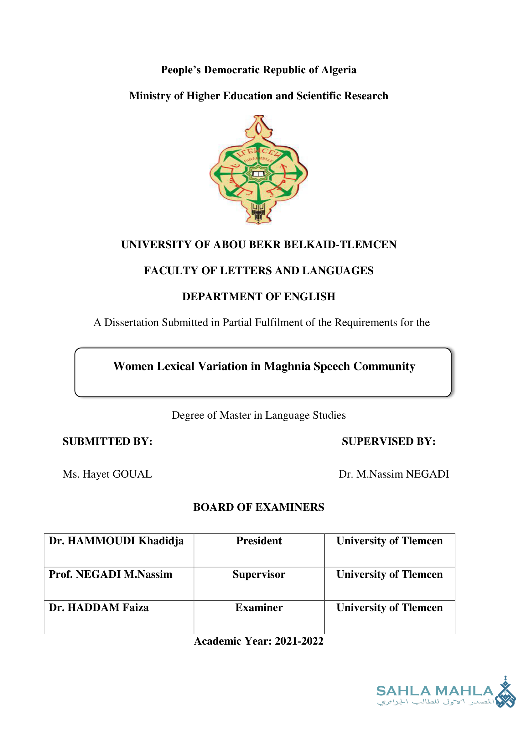 Women Lexical Variation in Maghnia Speech Community