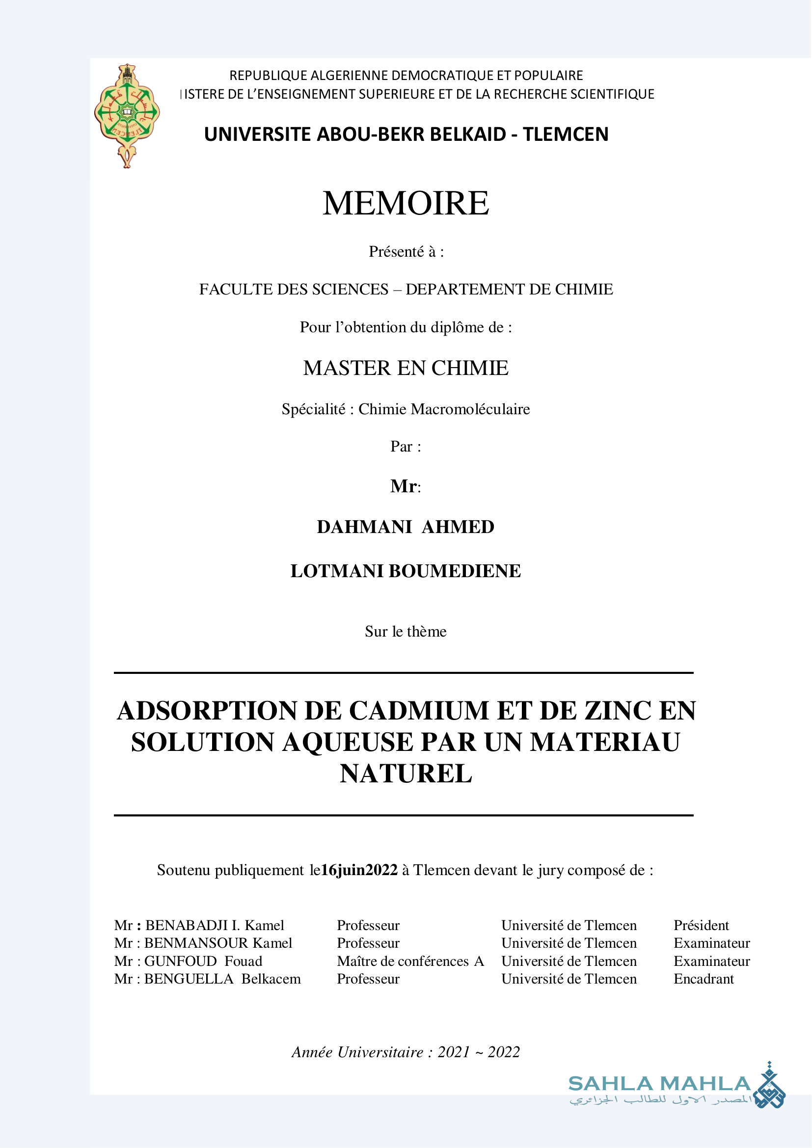 ADSORPTION DE CADMIUM ET DE ZINC EN SOLUTION AQUEUSE PAR UN MATERIAU NATUREL