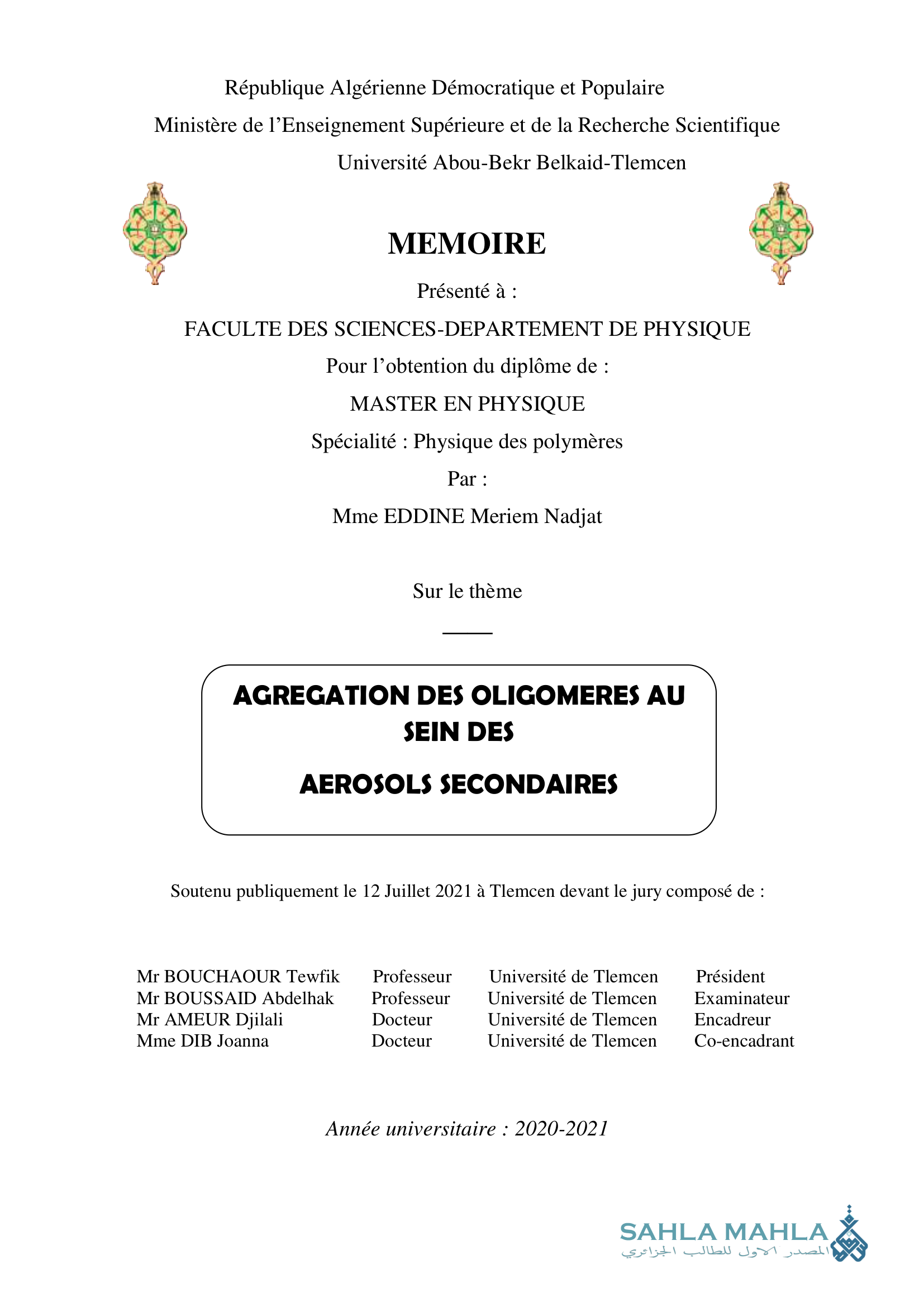 AGREGATION DES OLIGOMERES AU SEIN DES AEROSOLS SECONDAIRES