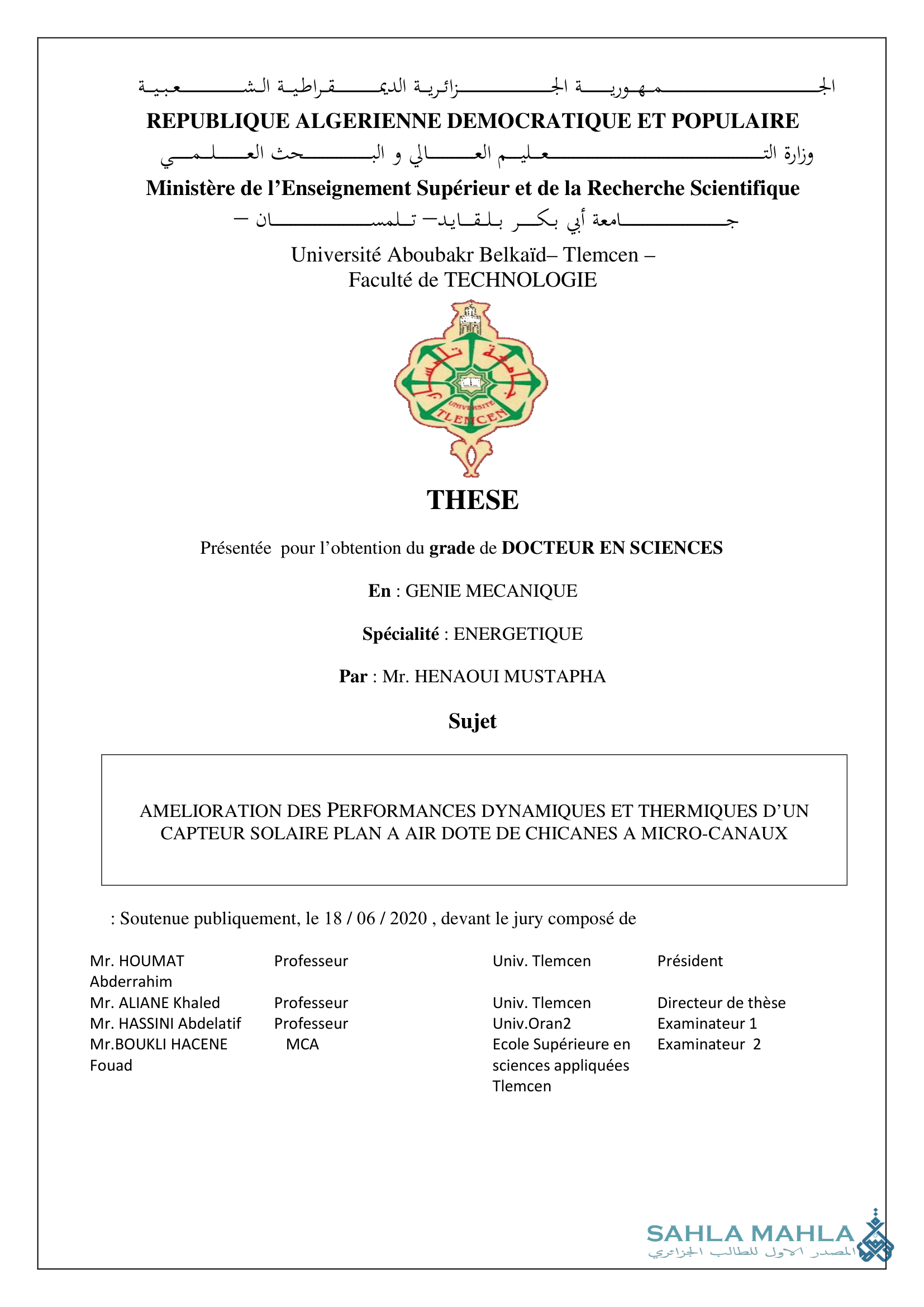 AMELIORATION DES PERFORMANCES DYNAMIQUES ET THERMIQUES D'UN CAPTEUR SOLAIRE PLAN A AIR DOTE DE CHICANES A MICRO-CANAUX