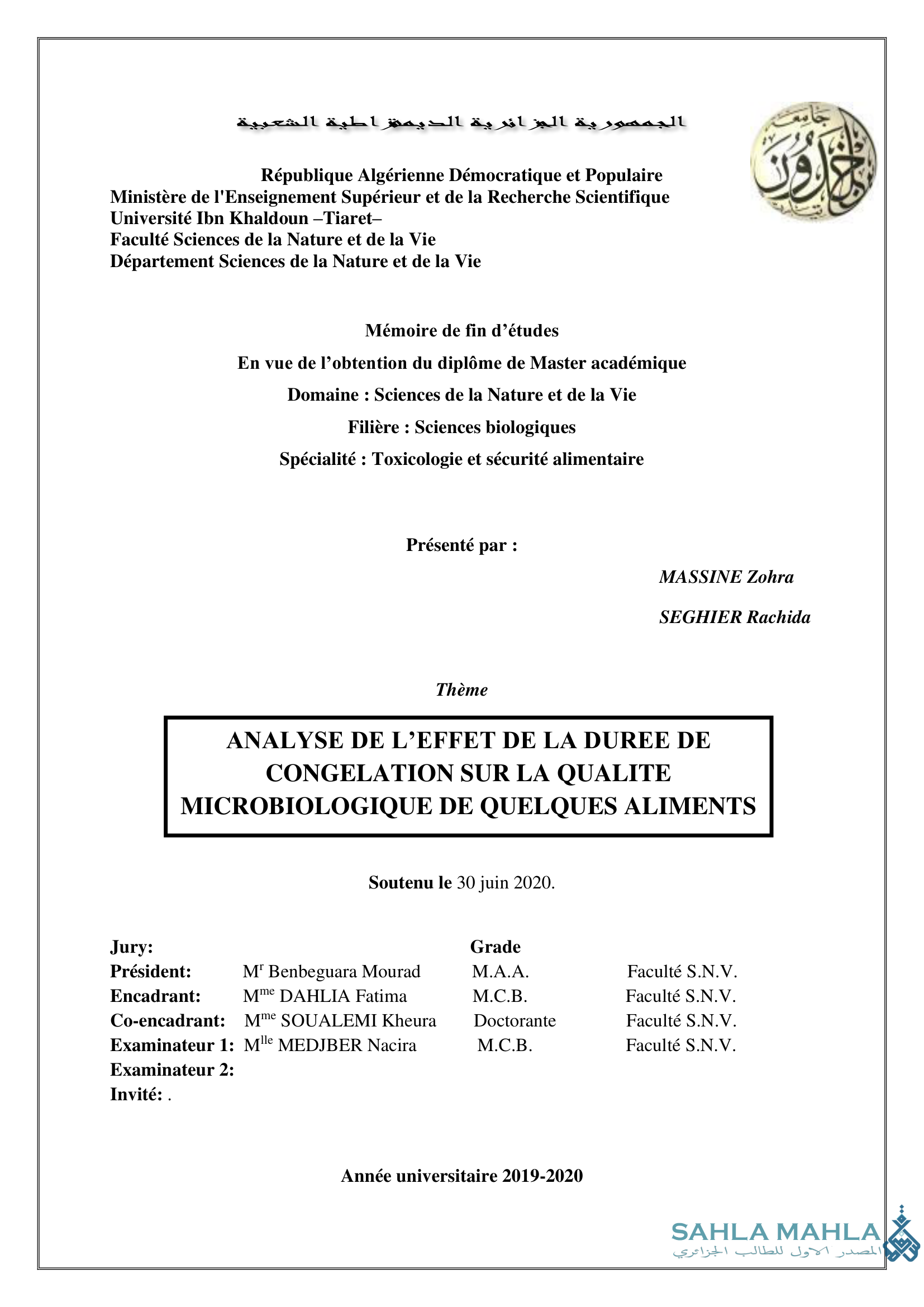 ANALYSE DE L'EFFET DE LA DUREE DE CONGELATION SUR LA QUALITE MICROBIOLOGIQUE DE QUELQUES ALIMENTS