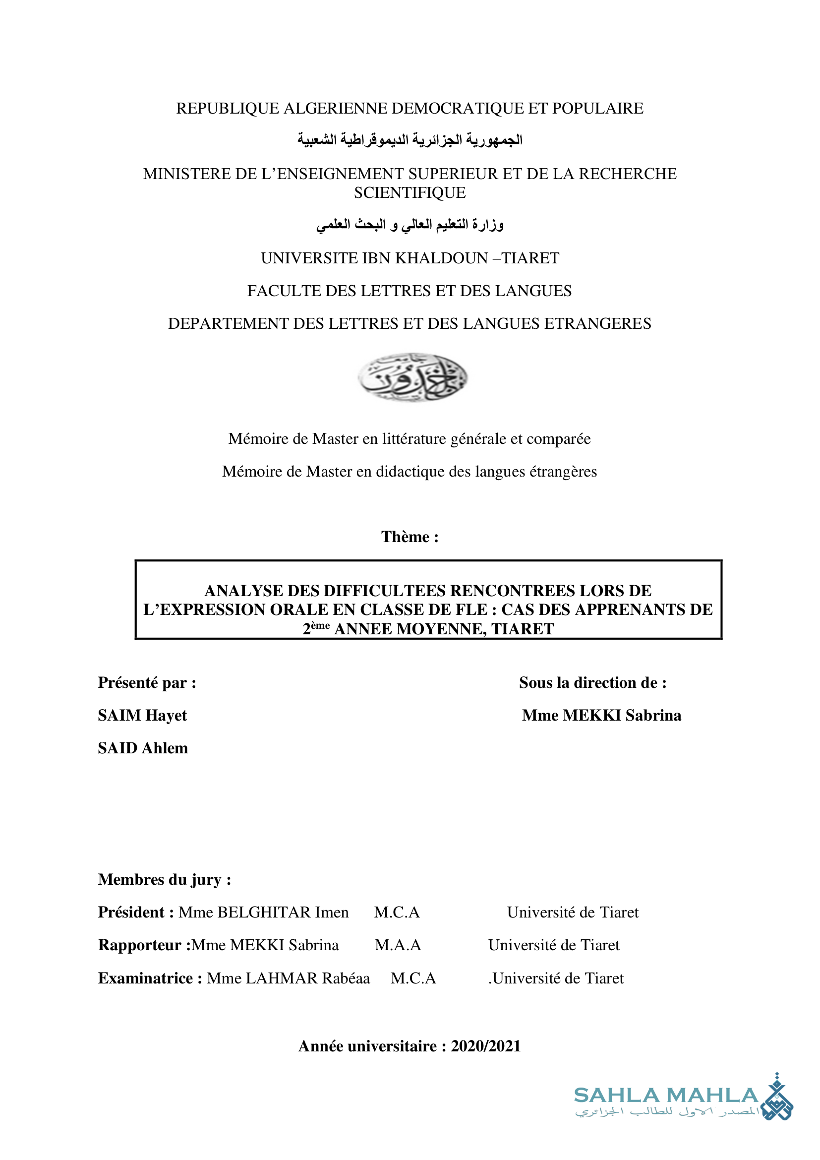 ANALYSE DES DIFFICULTEES RENCONTREES LORS DE L'EXPRESSION ORALE EN CLASSE DE FLE: CAS DES APPRENANTS DE 2ème ANNEE MOYENNE, TIARET