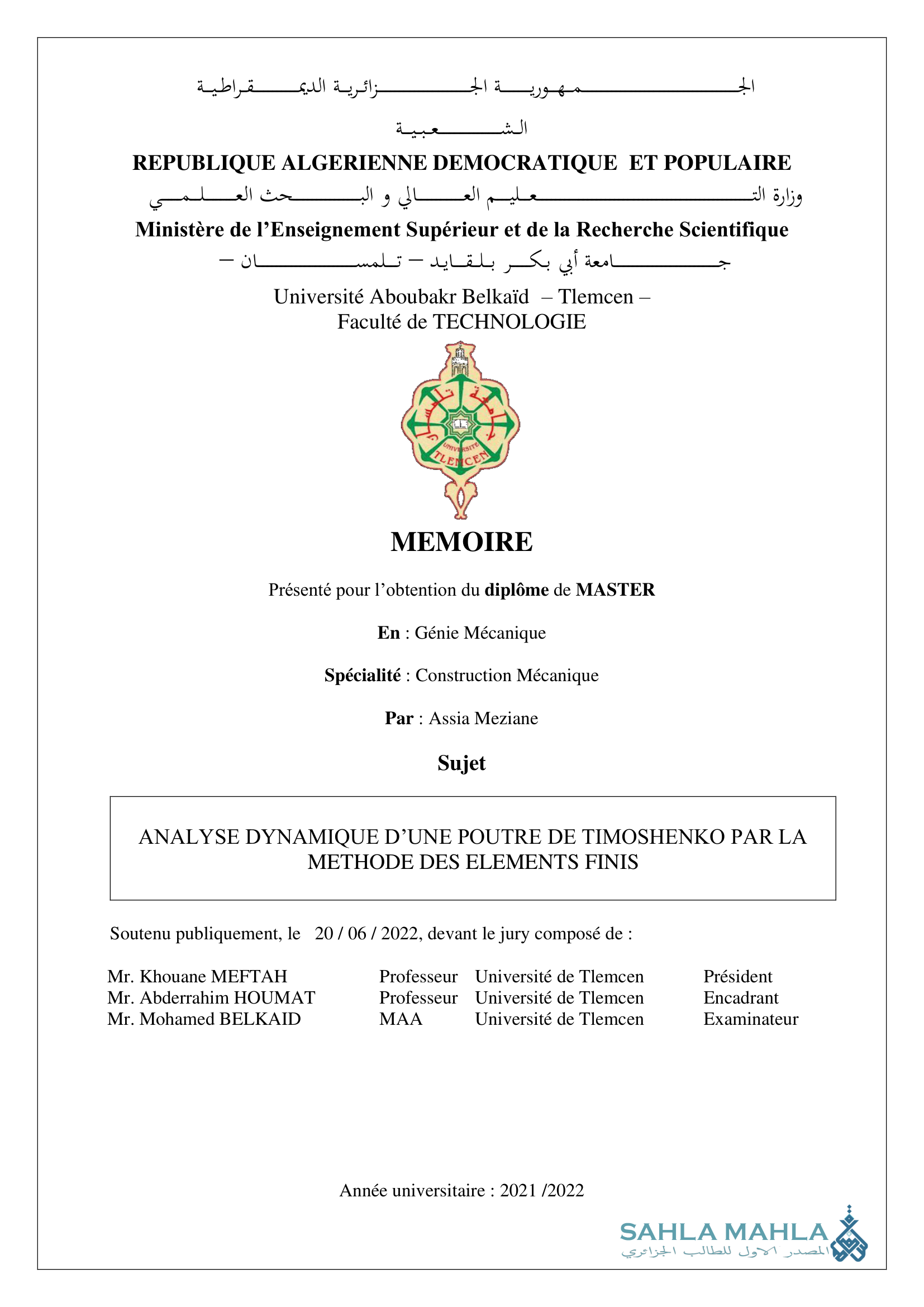 ANALYSE DYNAMIQUE D'UNE POUTRE DE TIMOSHENKO PAR LA METHODE DES ELEMENTS FINIS