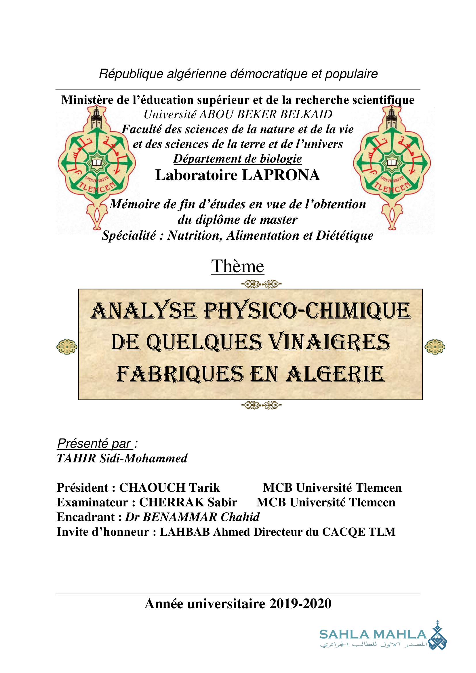 ANALYSE PHYSICO-CHIMIQUE DE QUELQUES VINAIGRES FABRIQUES EN ALGERIE