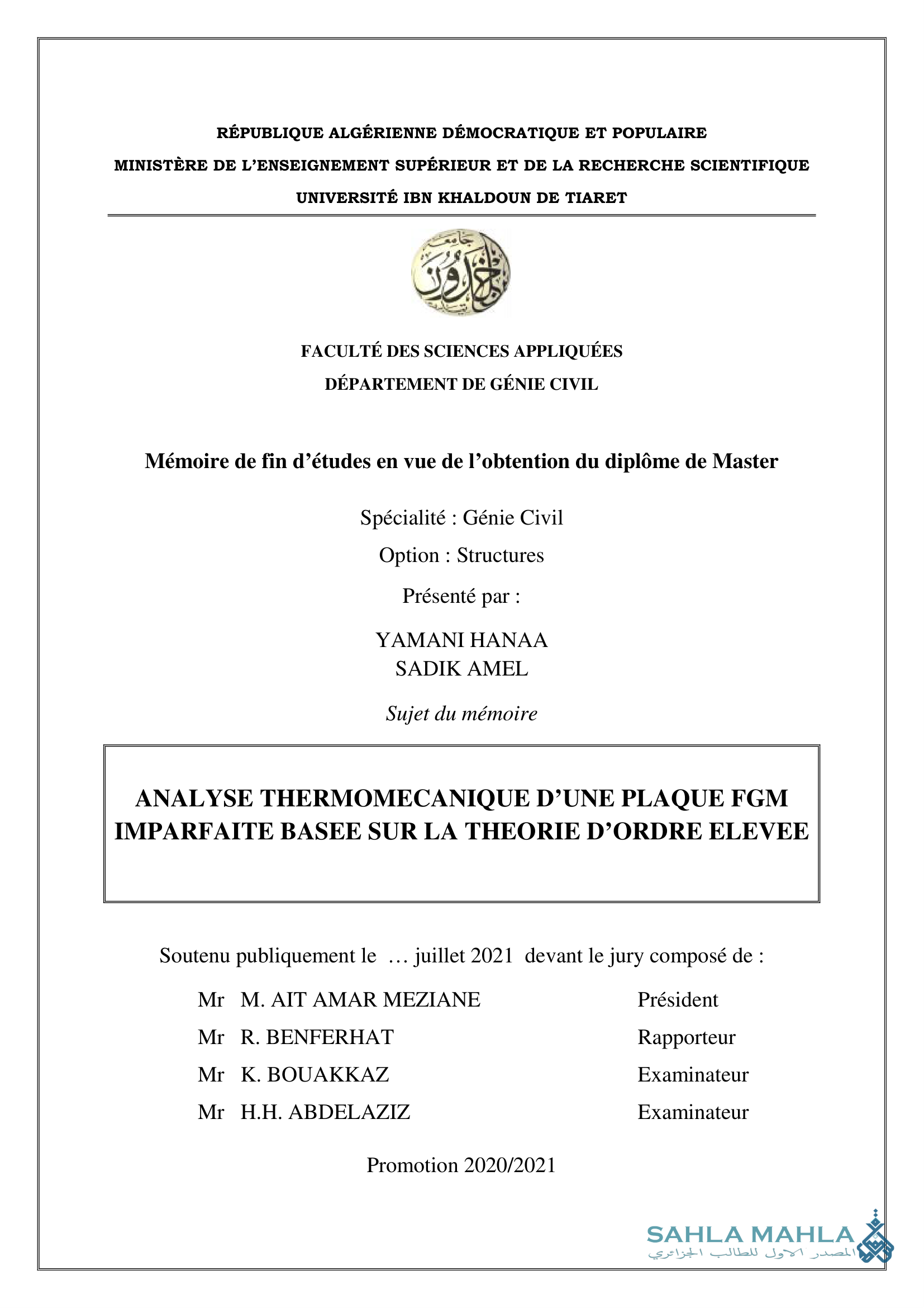ANALYSE THERMOMECANIQUE D'UNE PLAQUE FGM IMPARFAITE BASEE SUR LA THEORIE D'ORDRE ELEVEE
