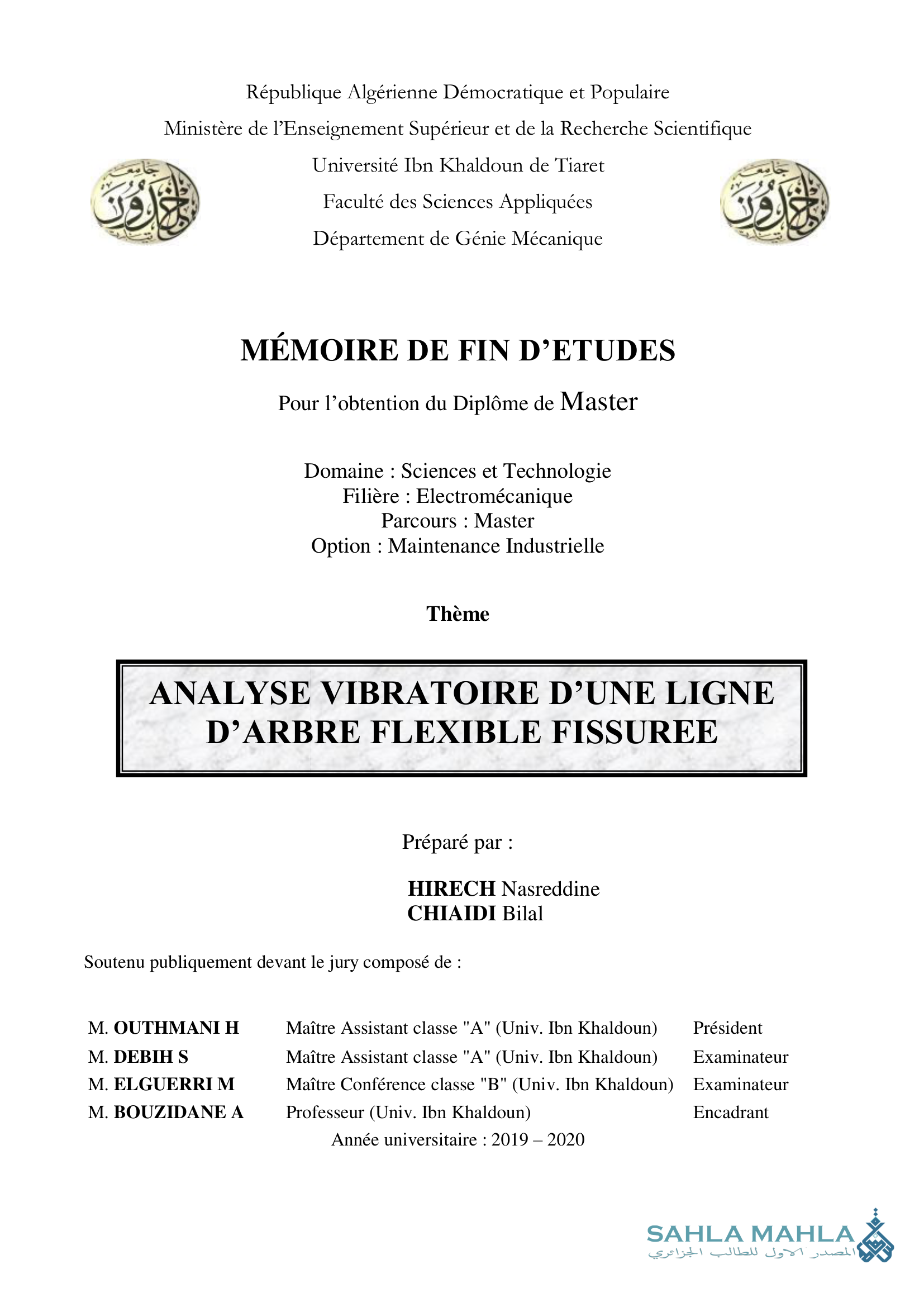 ANALYSE VIBRATOIRE D'UNE LIGNE D'ARBRE FLEXIBLE FISSUREE