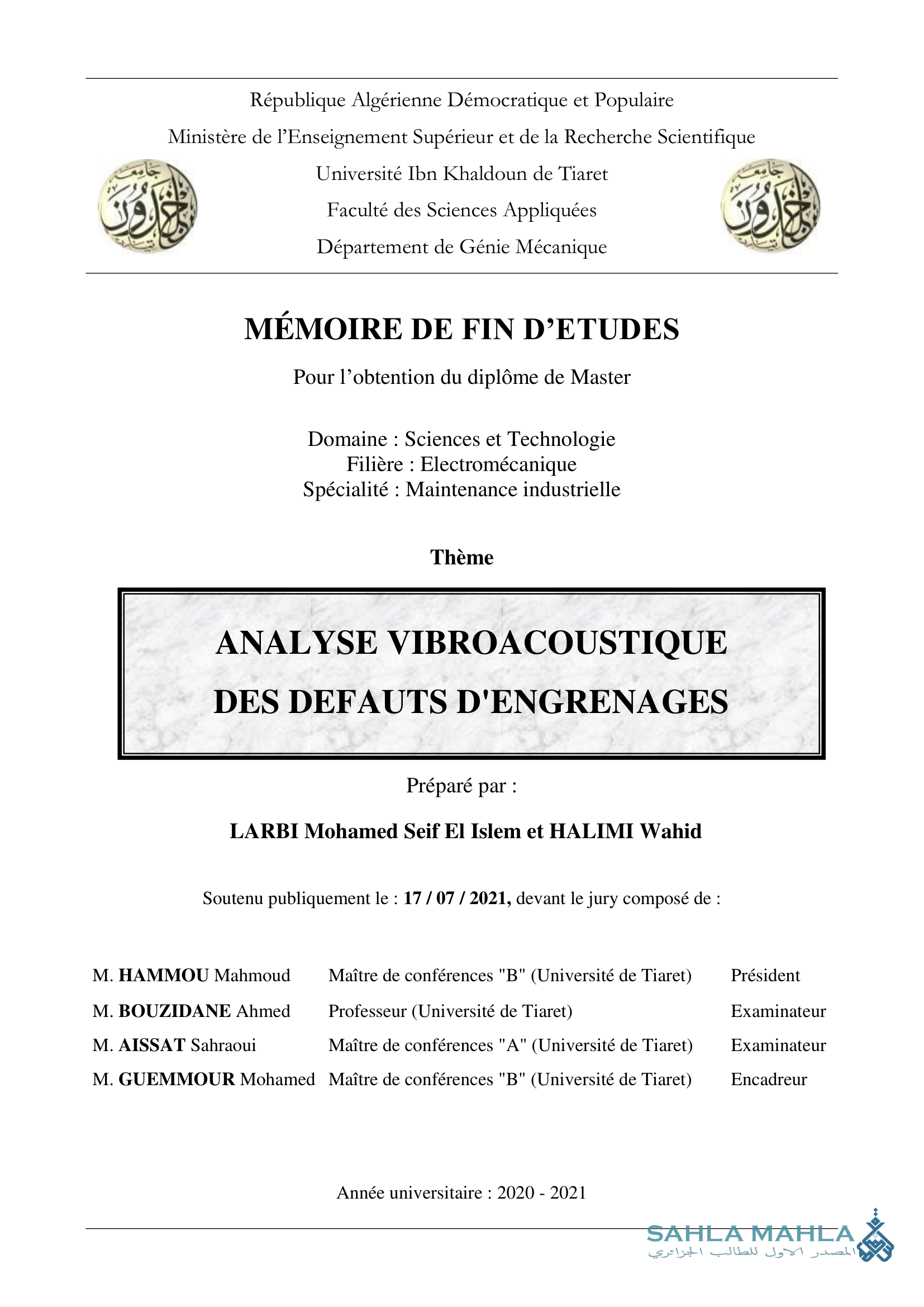 ANALYSE VIBROACOUSTIQUE DES DEFAUTS D'ENGRENAGES