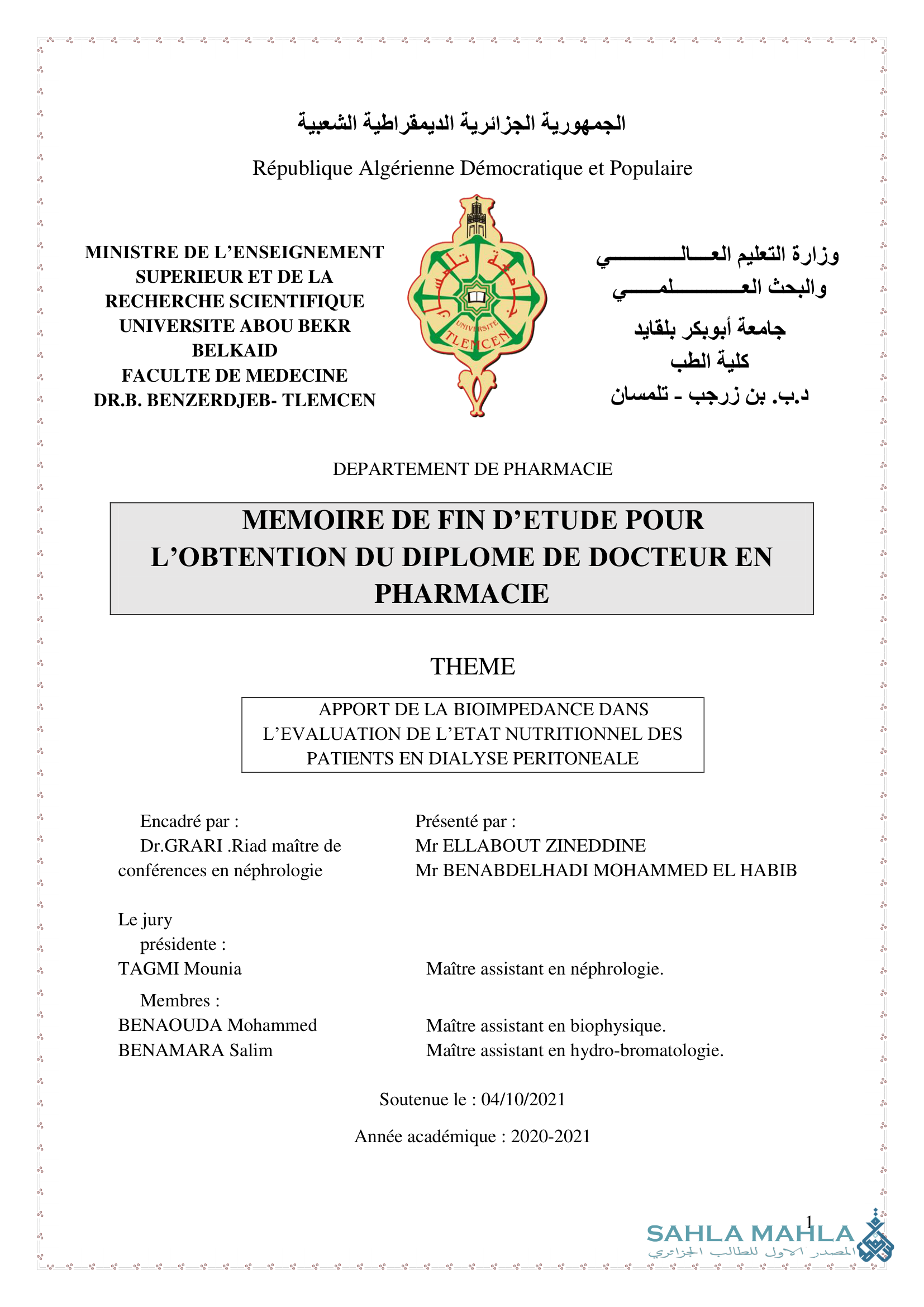 APPORT DE LA BIOIMPEDANCE DANS L'EVALUATION DE L'ETAT NUTRITIONNEL DES PATIENTS EN DIALYSE PERITONEALE