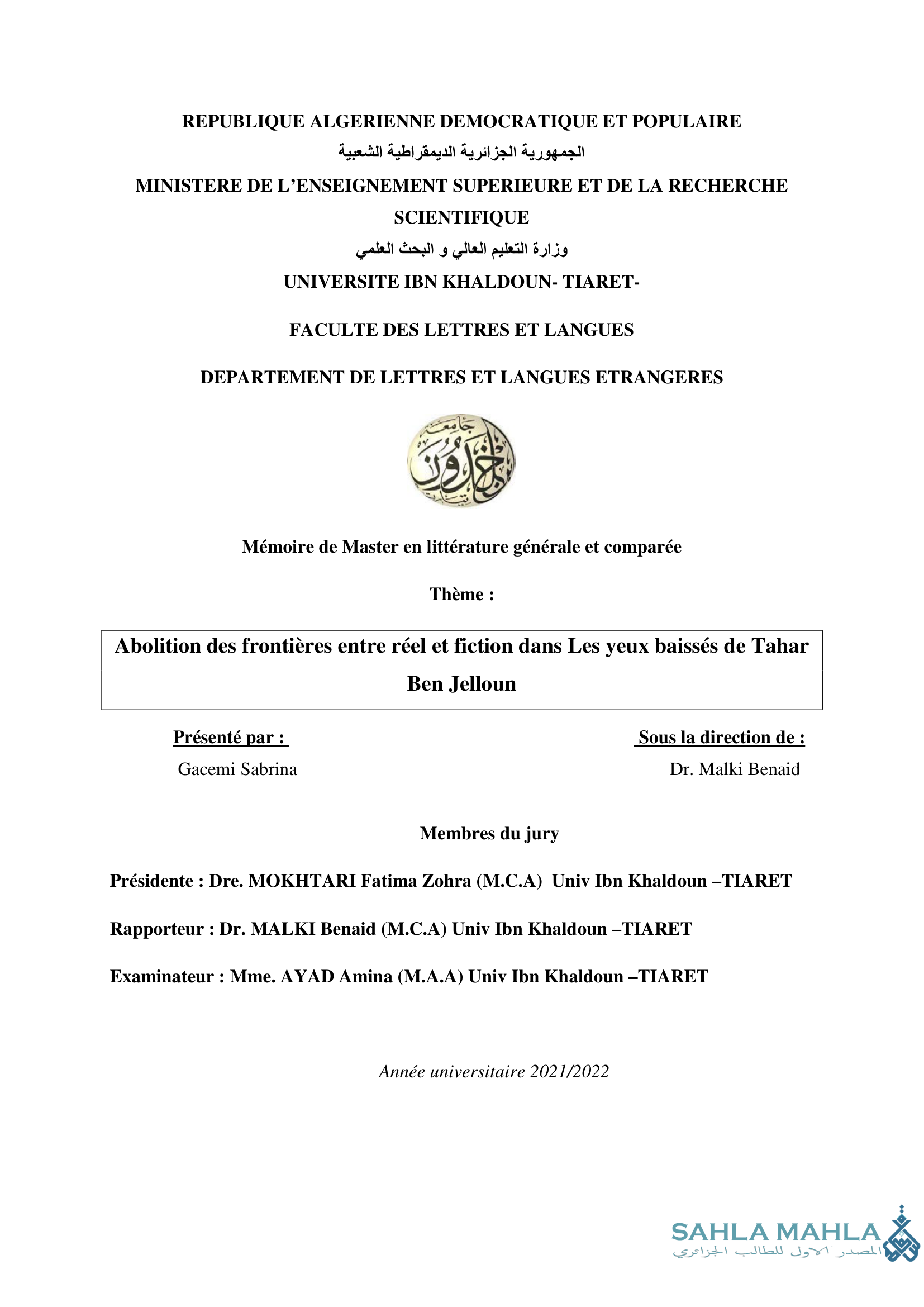 Abolition des frontières entre réel et fiction dans Les yeux baissés de Tahar Ben Jelloun