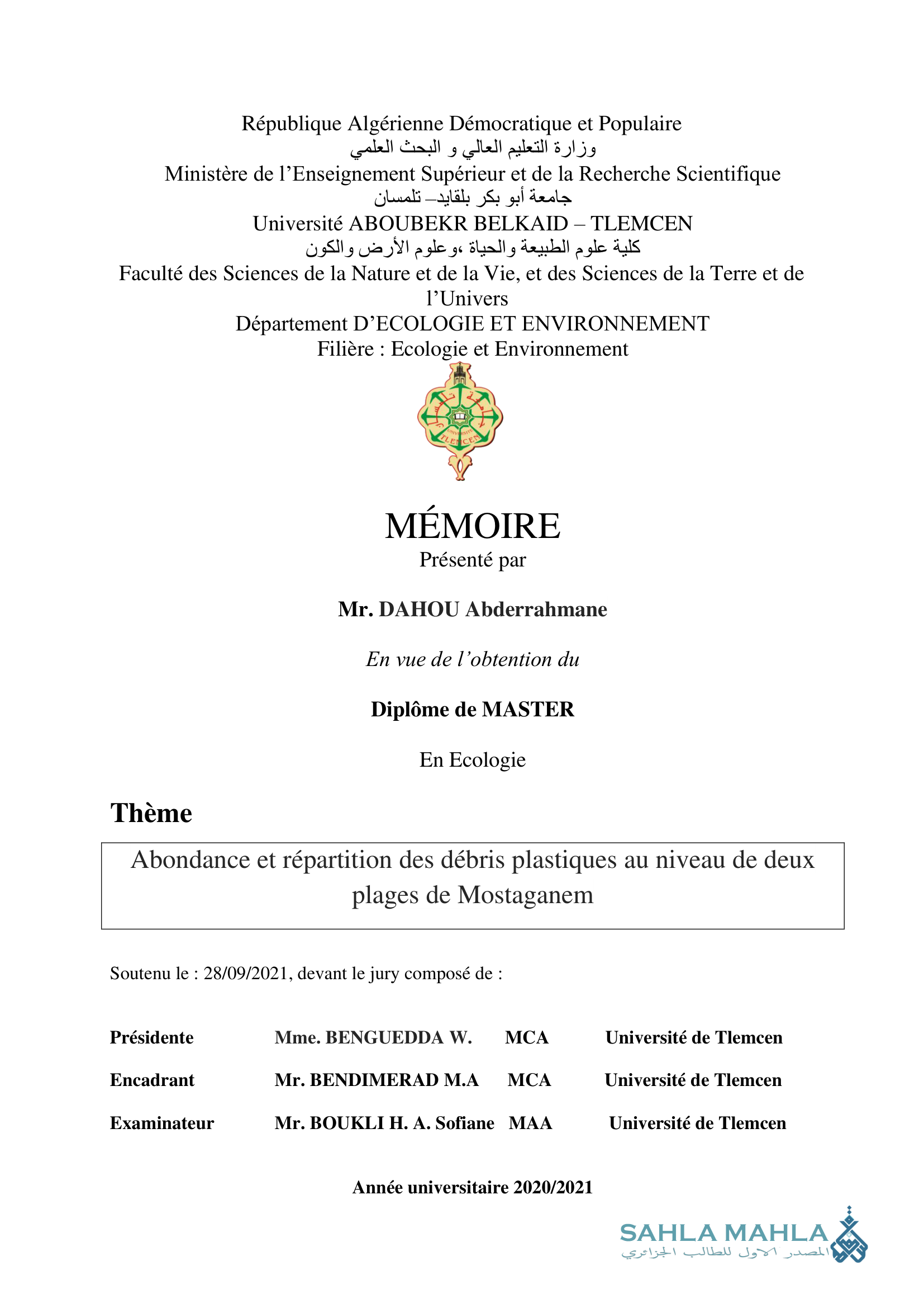 Abondance et répartition des débris plastiques au niveau de deux plages de Mostaganem