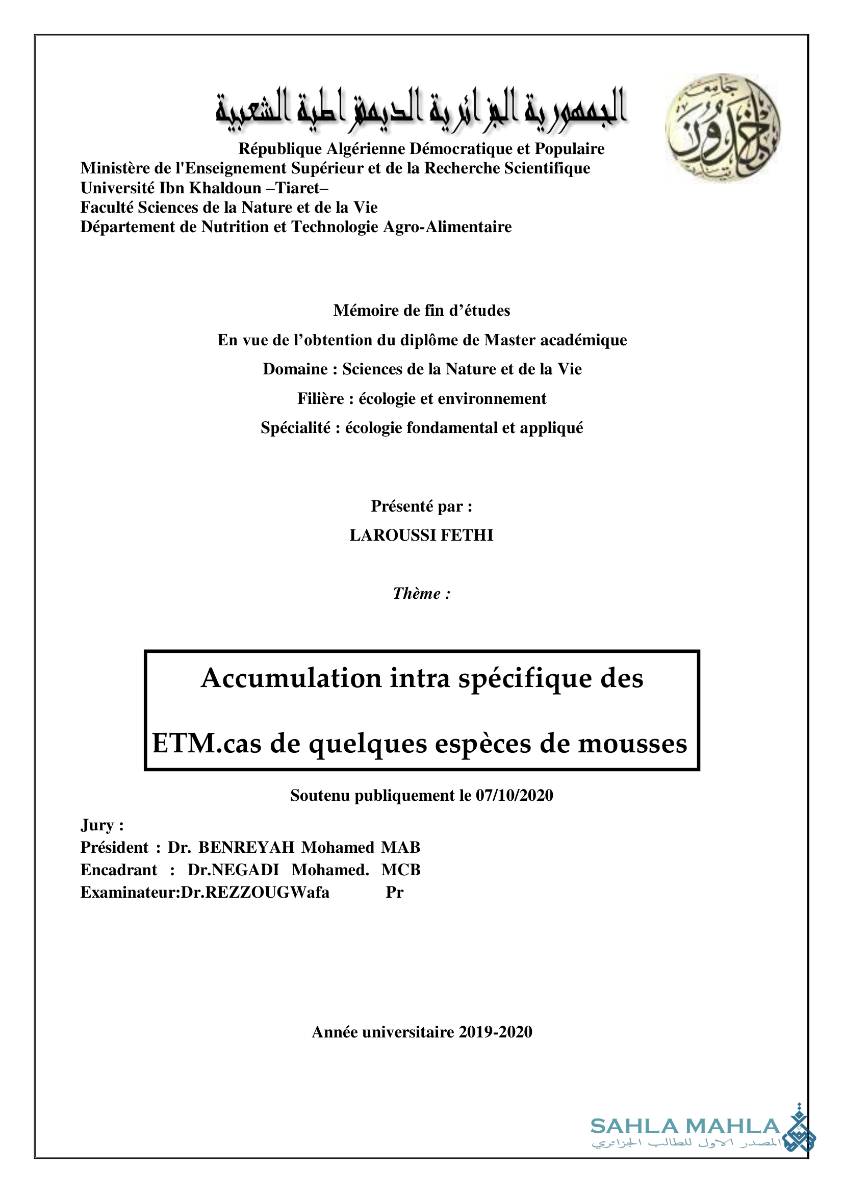 Accumulation intra spécifique des ETM.cas de quelques espèces de mousses