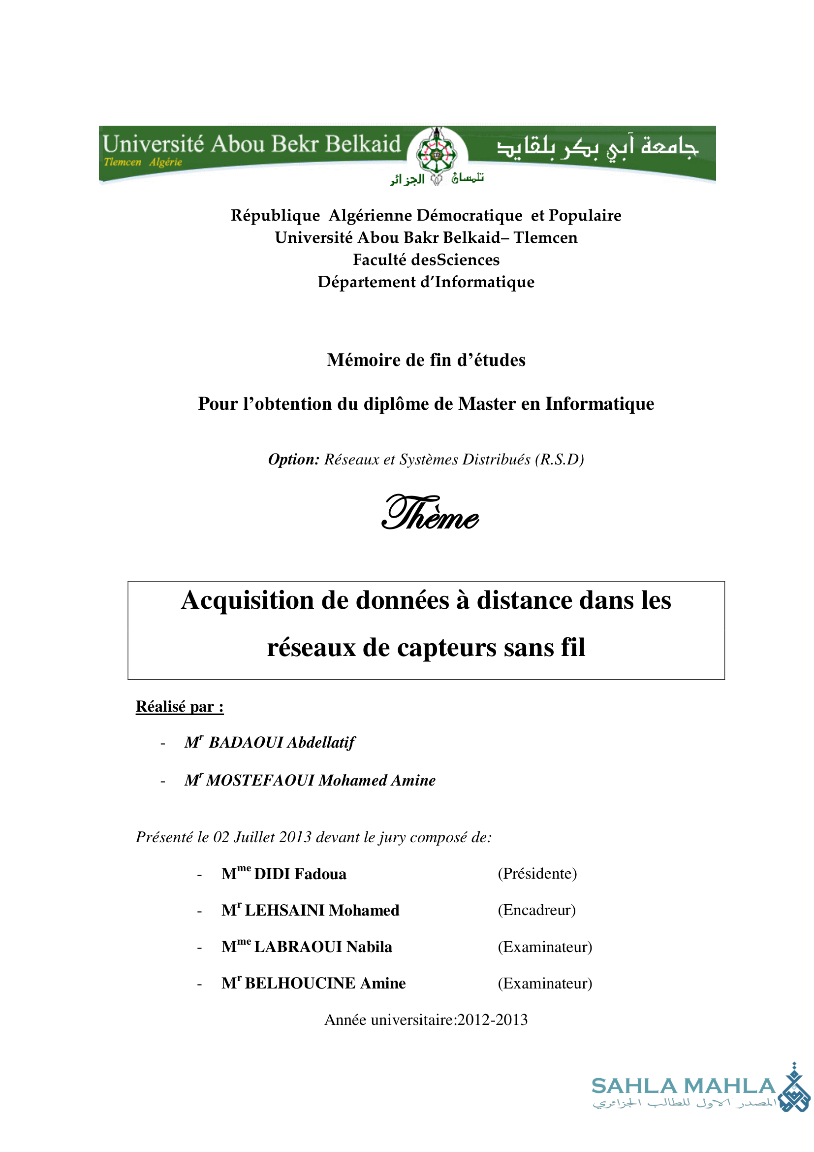 Acquisition de données à distance dans les réseaux de capteurs sans fil