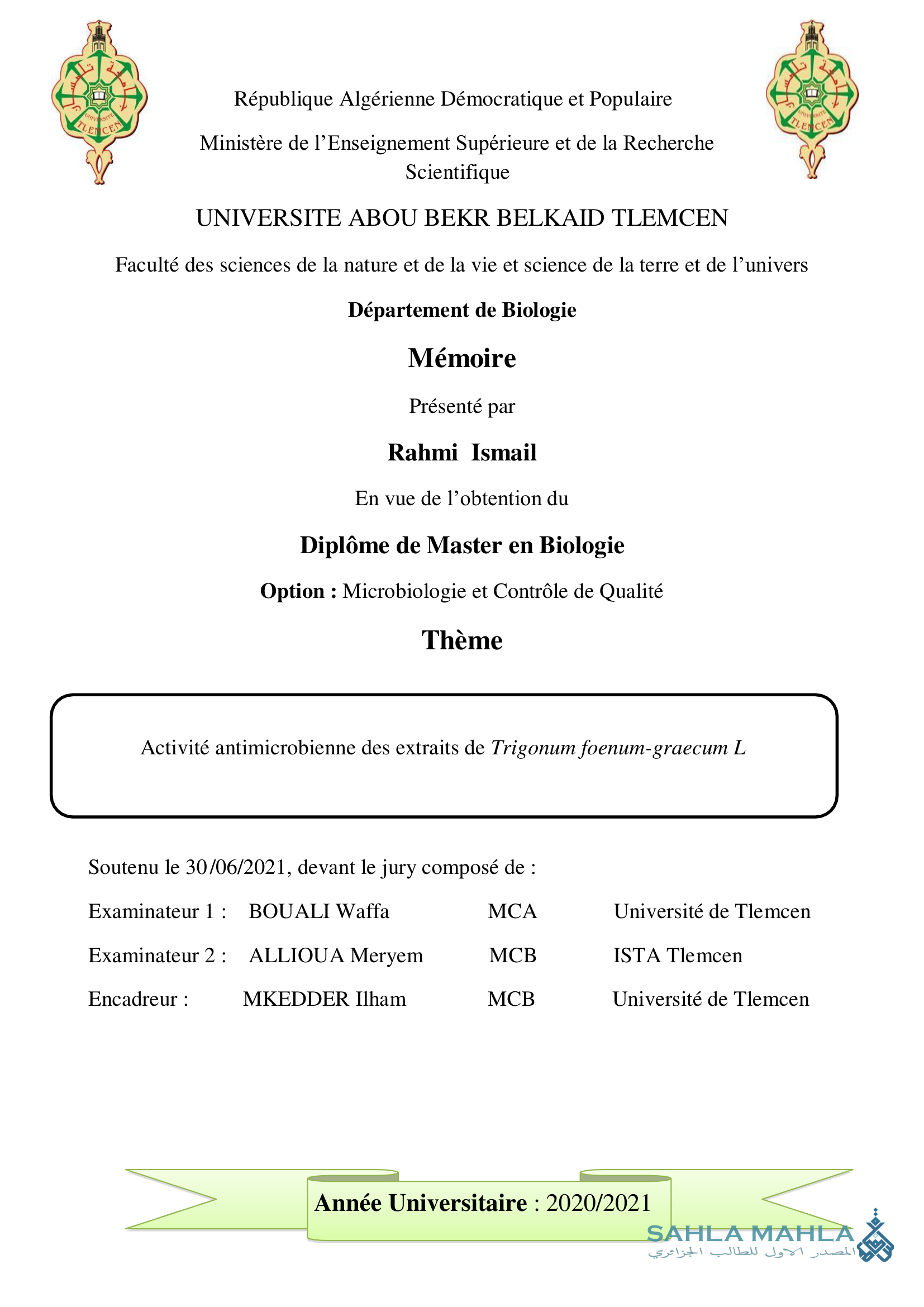 Activité antimicrobienne des extraits de Trigonum foenum-graecum L