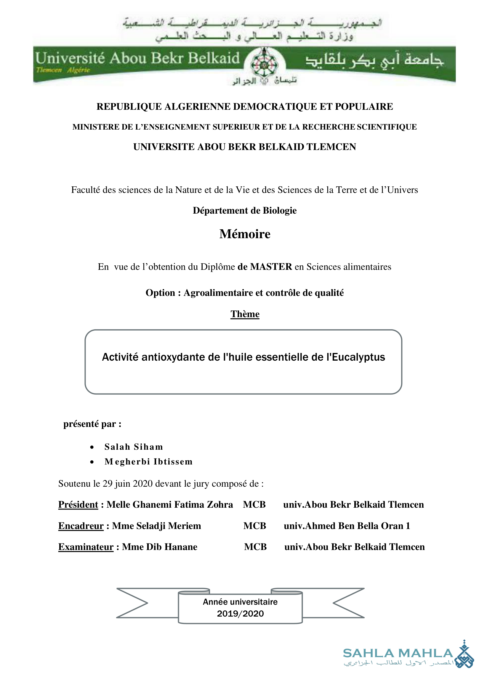 Activité antioxydante de l'huile essentielle de l'Eucalyptus