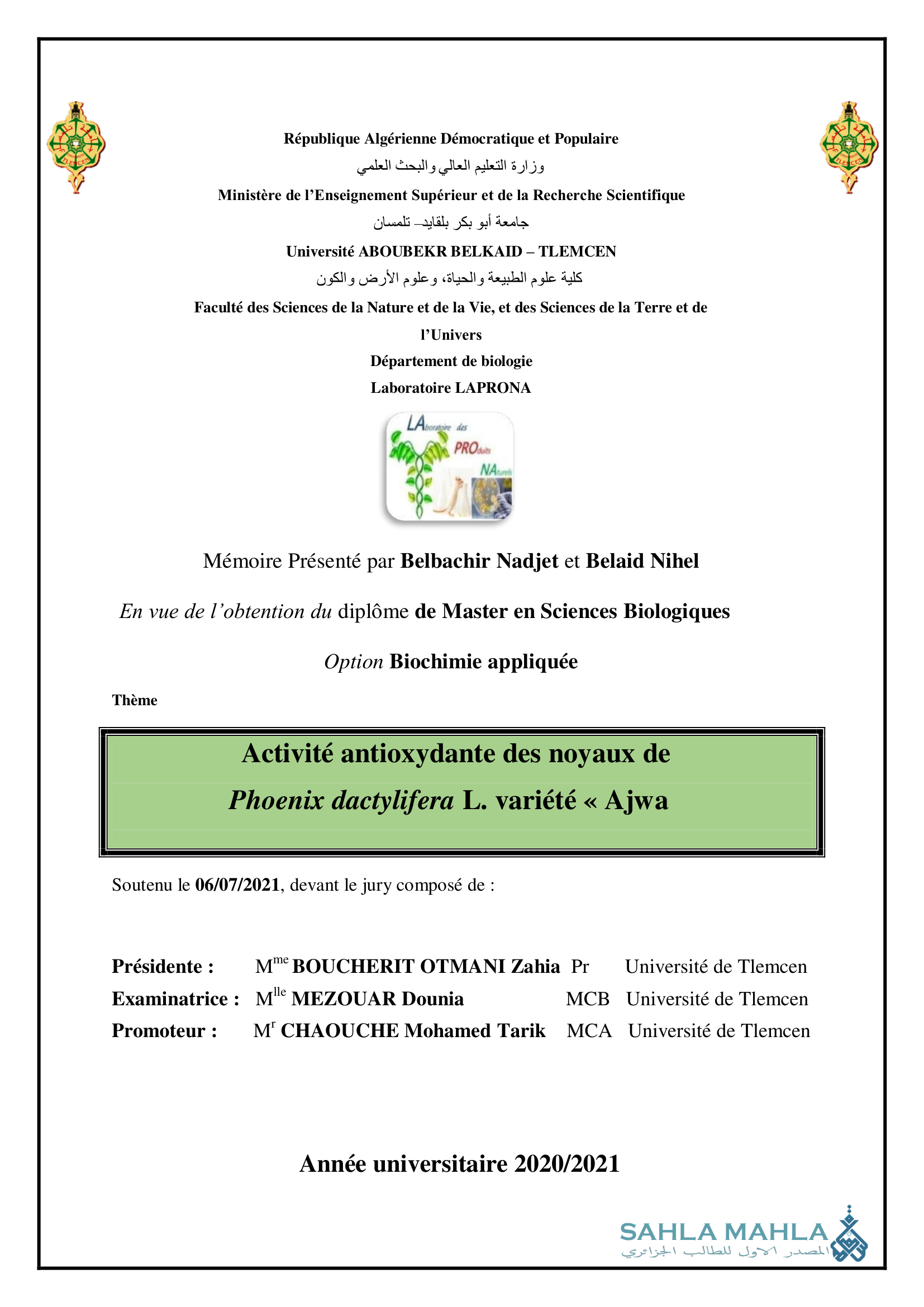 Activité antioxydante des noyaux de Phoenix dactylifera L. variété « Ajwa