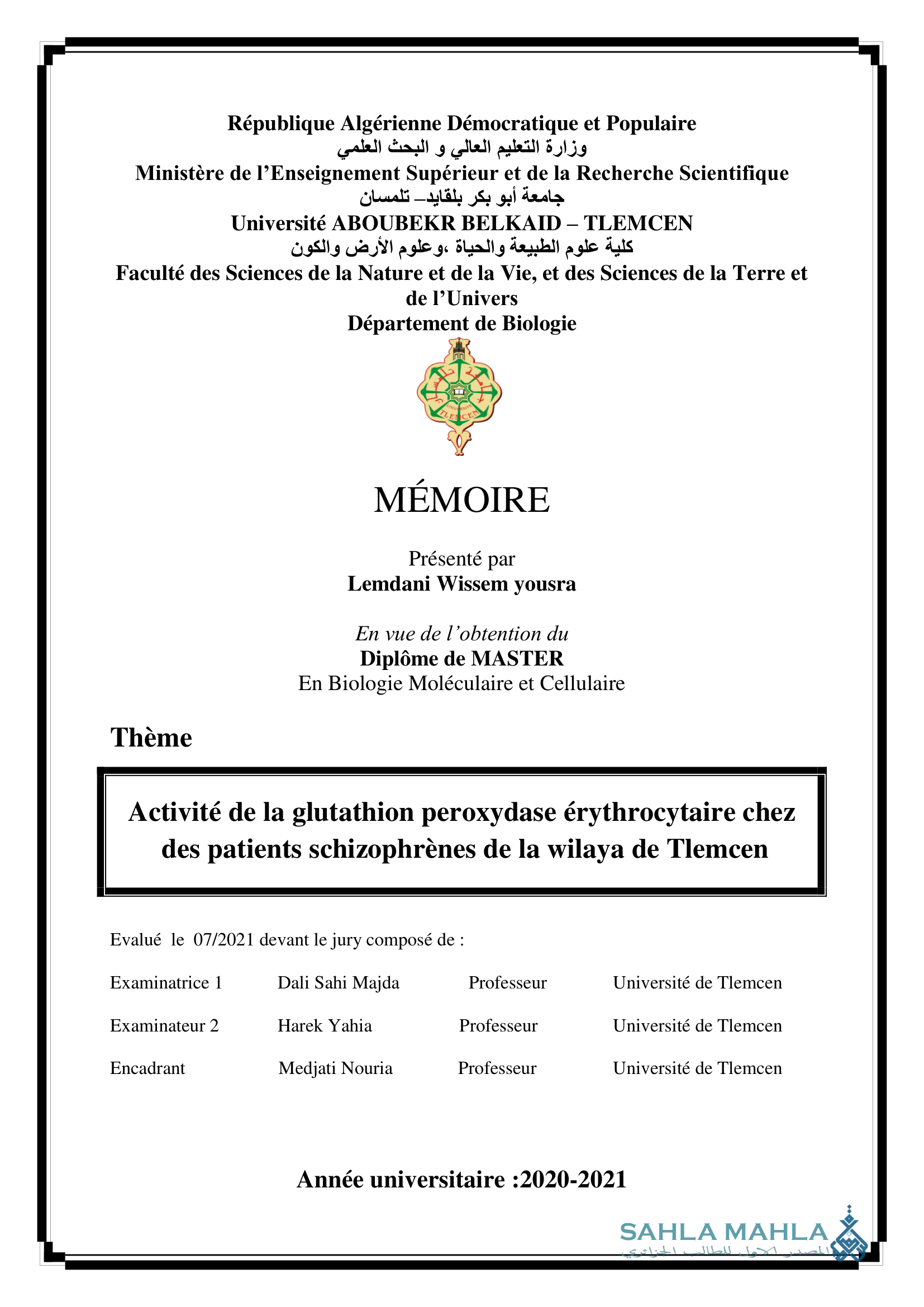 Activité de la glutathion peroxydase érythrocytaire chez des patients schizophrènes de la wilaya de Tlemcen