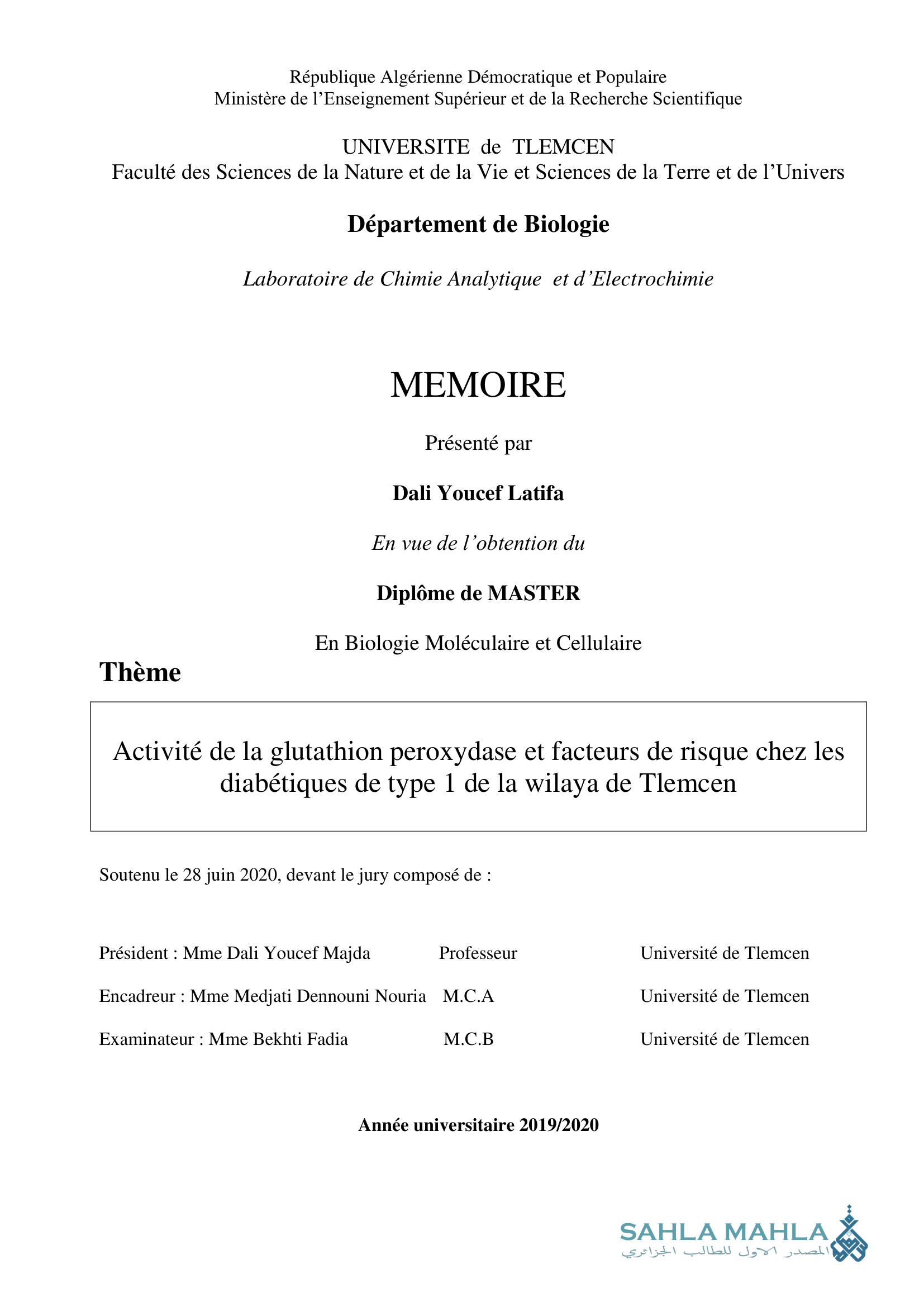 Activité de la glutathion peroxydase et facteurs de risque chez les diabétiques de type 1 de la wilaya de Tlemcen
