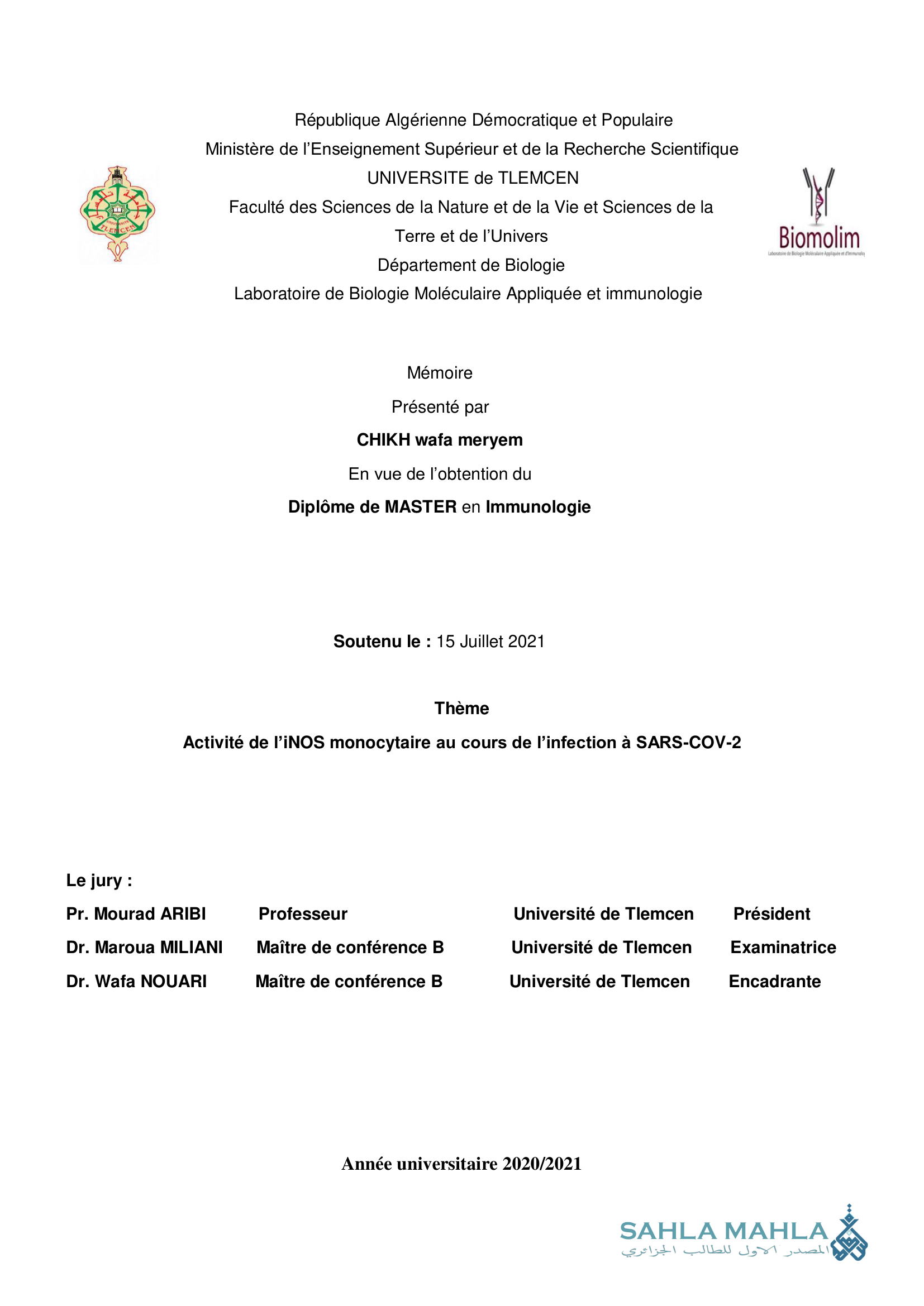 Activité de l'iNOS monocytaire au cours de l'infection à SARS-COV-2