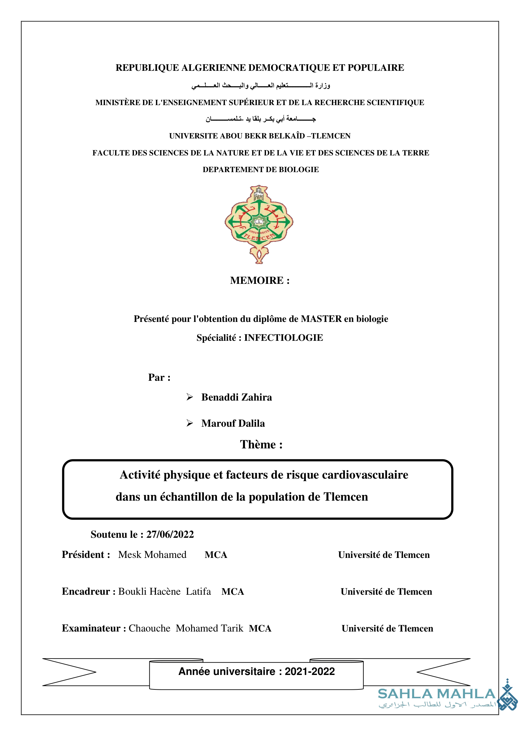 Activité physique et facteurs de risque cardiovasculaire dans un échantillon de la population de Tlemcen