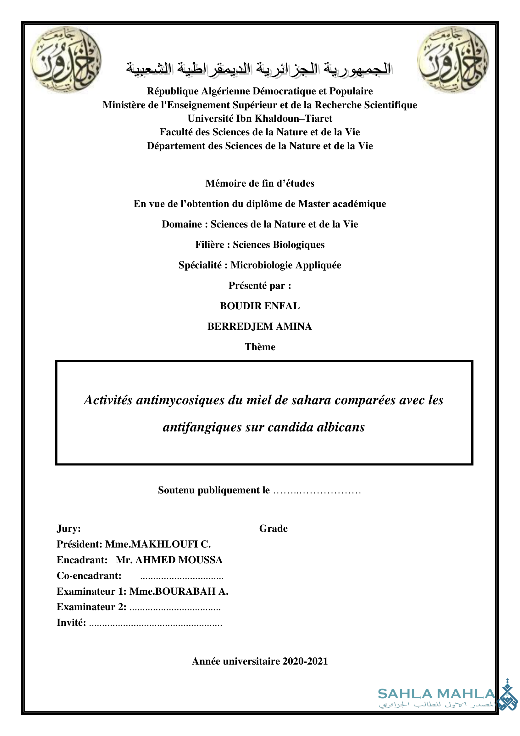 Activités antimycosiques du miel de sahara comparées avec les antifongiques sur candida albicans