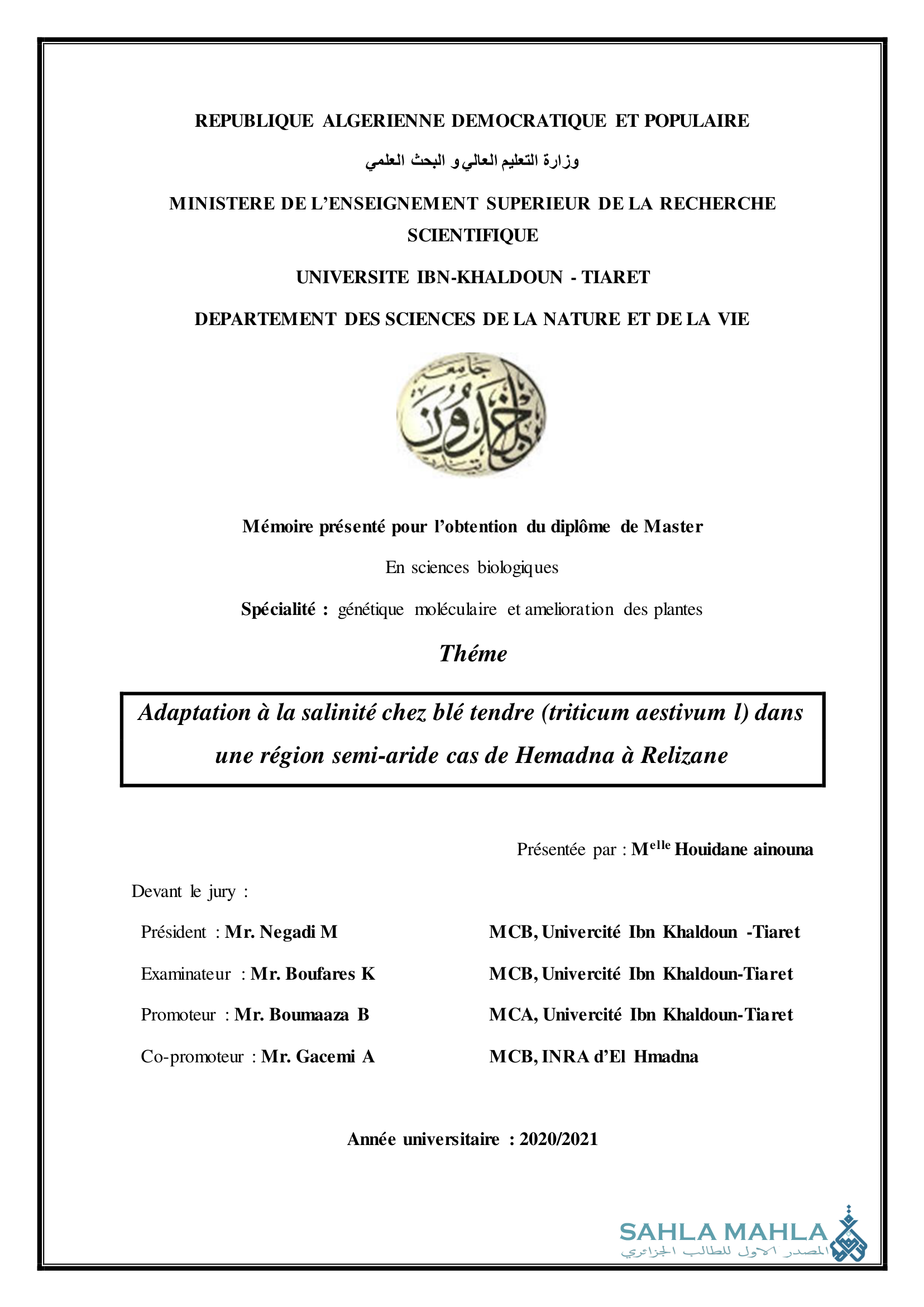 Adaptation à la salinité chez blé tendre (triticum aestivum l) dans une région semi-aride cas de Hemadna à Relizane