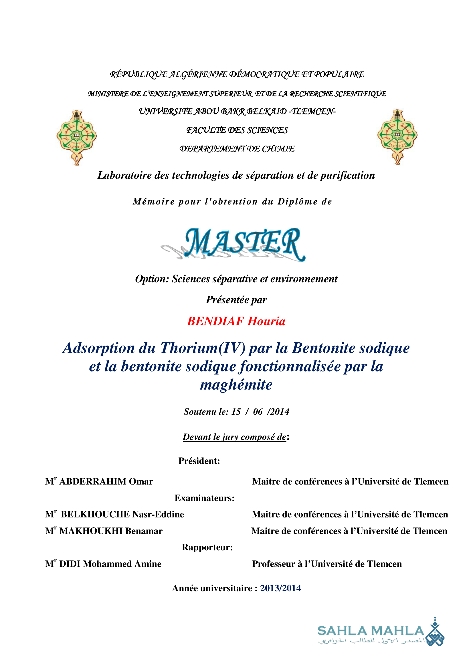 Adsorption du Thorium(IV) par la Bentonite sodique et la bentonite sodique fonctionnalisée par la maghémite