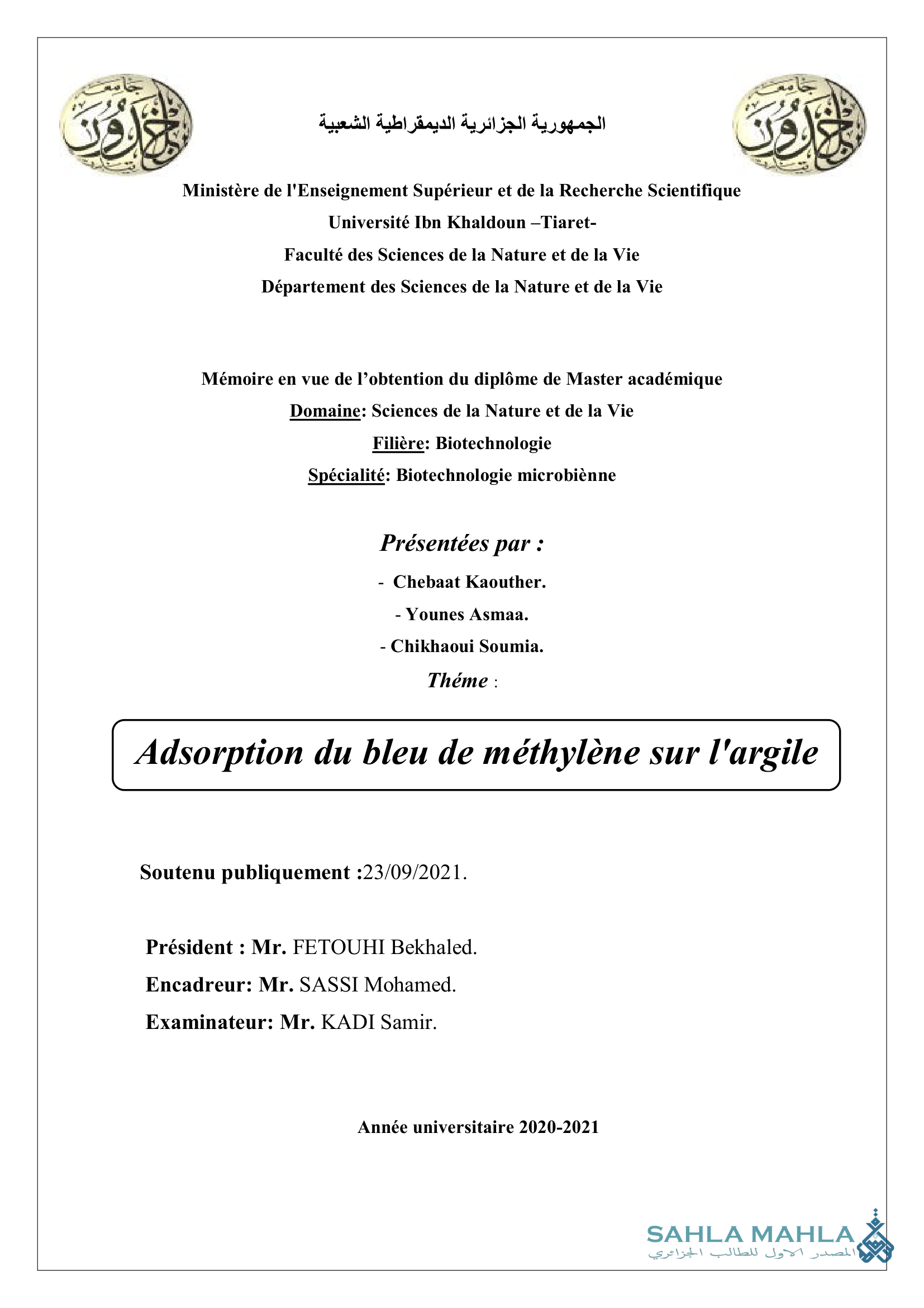 Adsorption du bleu de méthylène sur l'argile