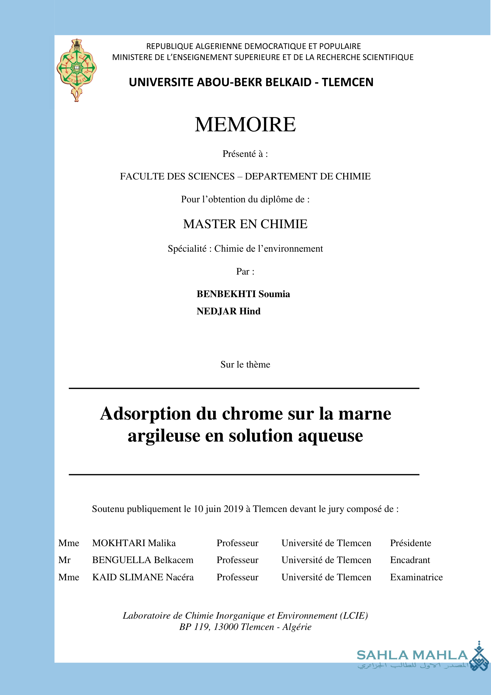 Adsorption du chrome sur la marne argileuse en solution aqueuse