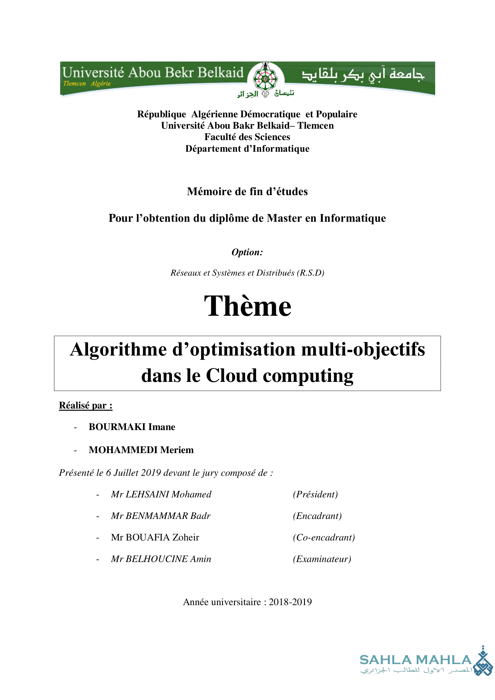 Algorithme d'optimisation multi-objectifs dans le Cloud computing