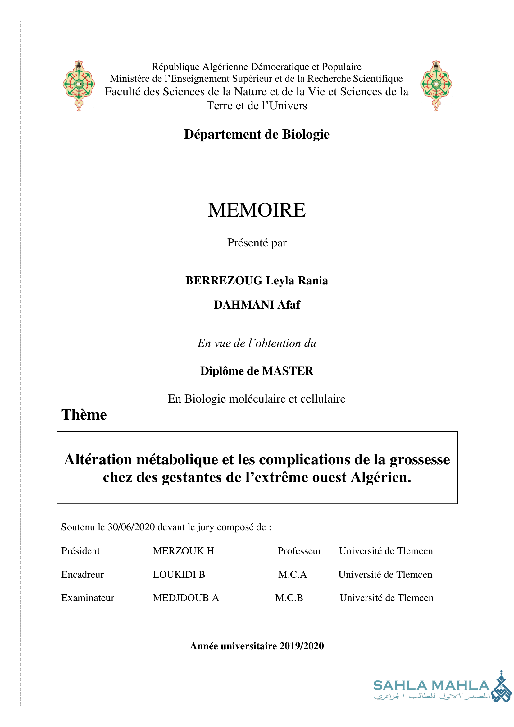 Altération métabolique et les complications de la grossesse chez des gestantes de l'extrême ouest Algérien.