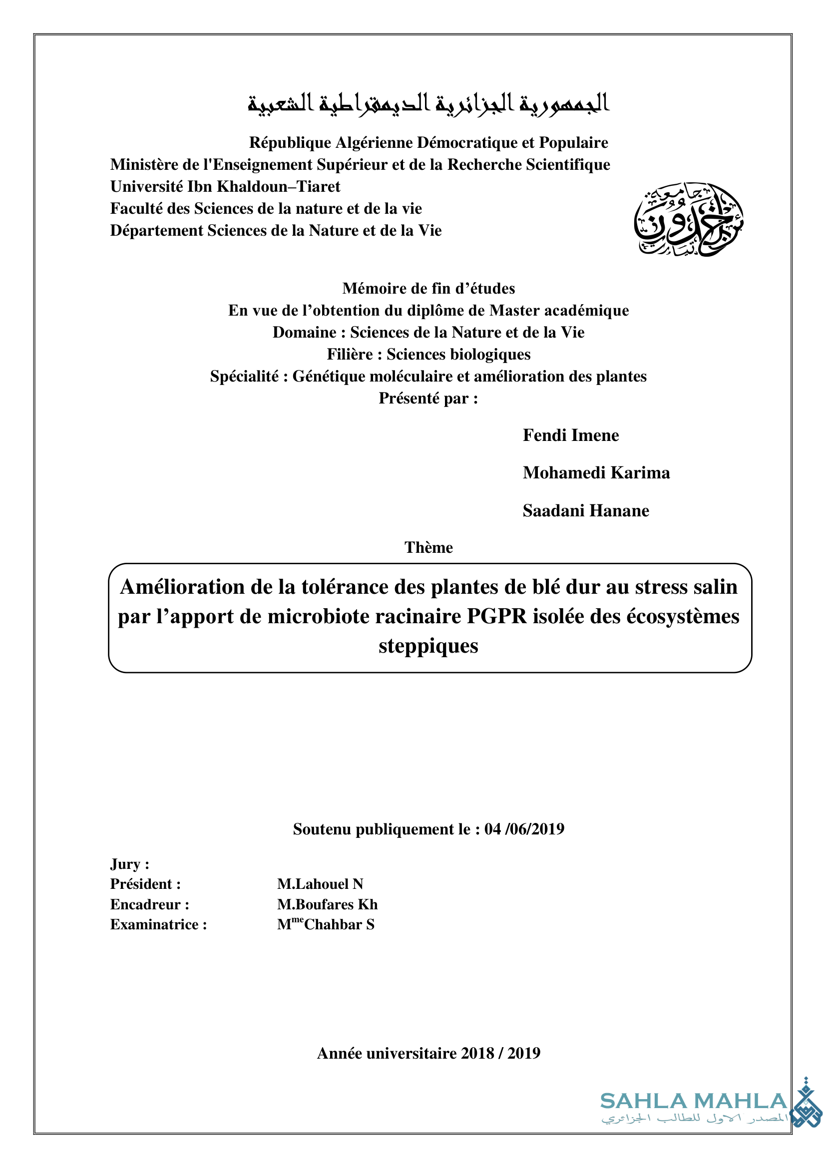 Amélioration de la tolérance des plantes de blé dur au stress salin par l'apport de microbiote racinaire PGPR isolée des écosystèmes steppiques