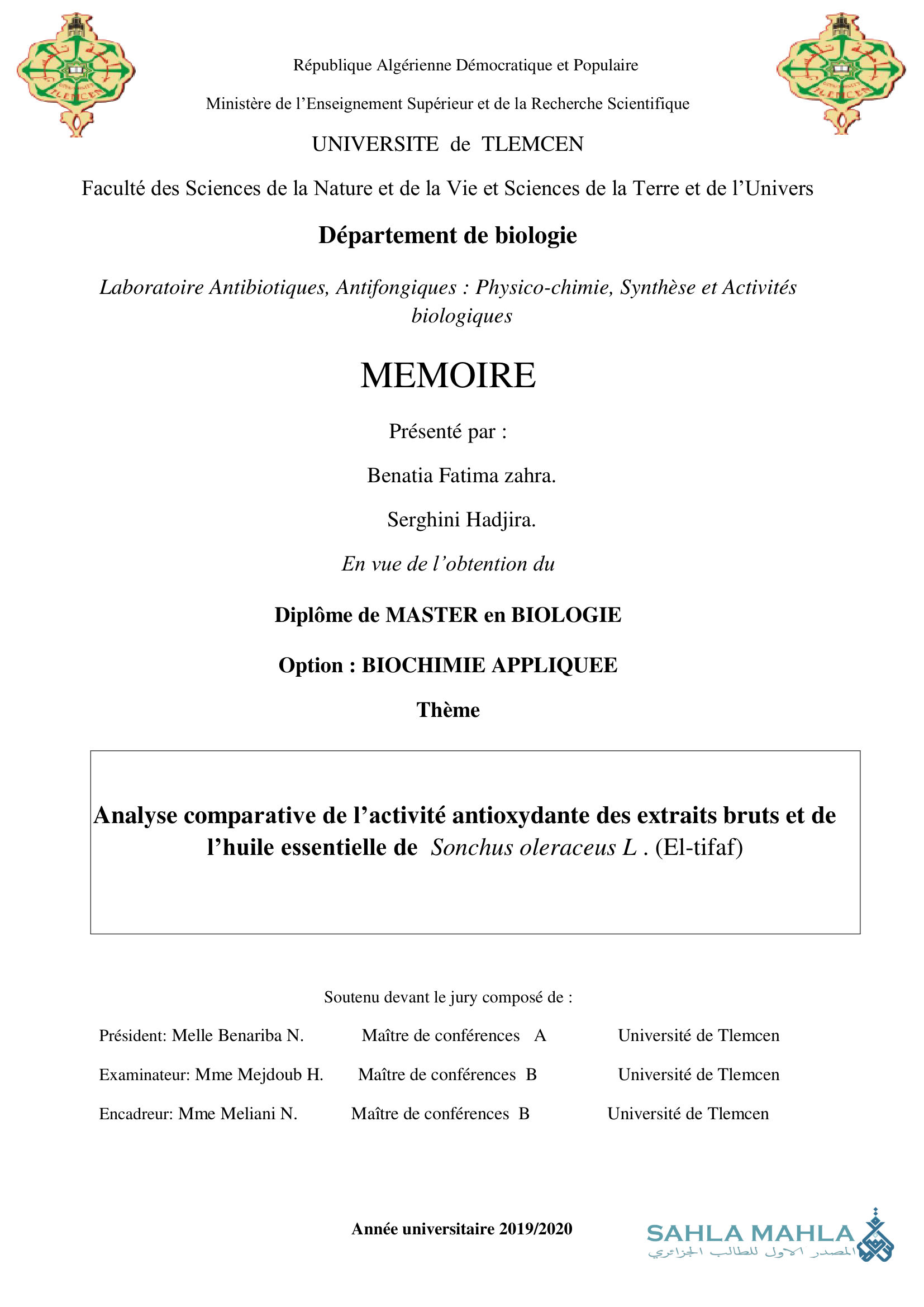 Analyse comparative de l'activité antioxydante des extraits bruts et de l'huile essentielle de Sonchus oleraceus L. (El-tifaf)