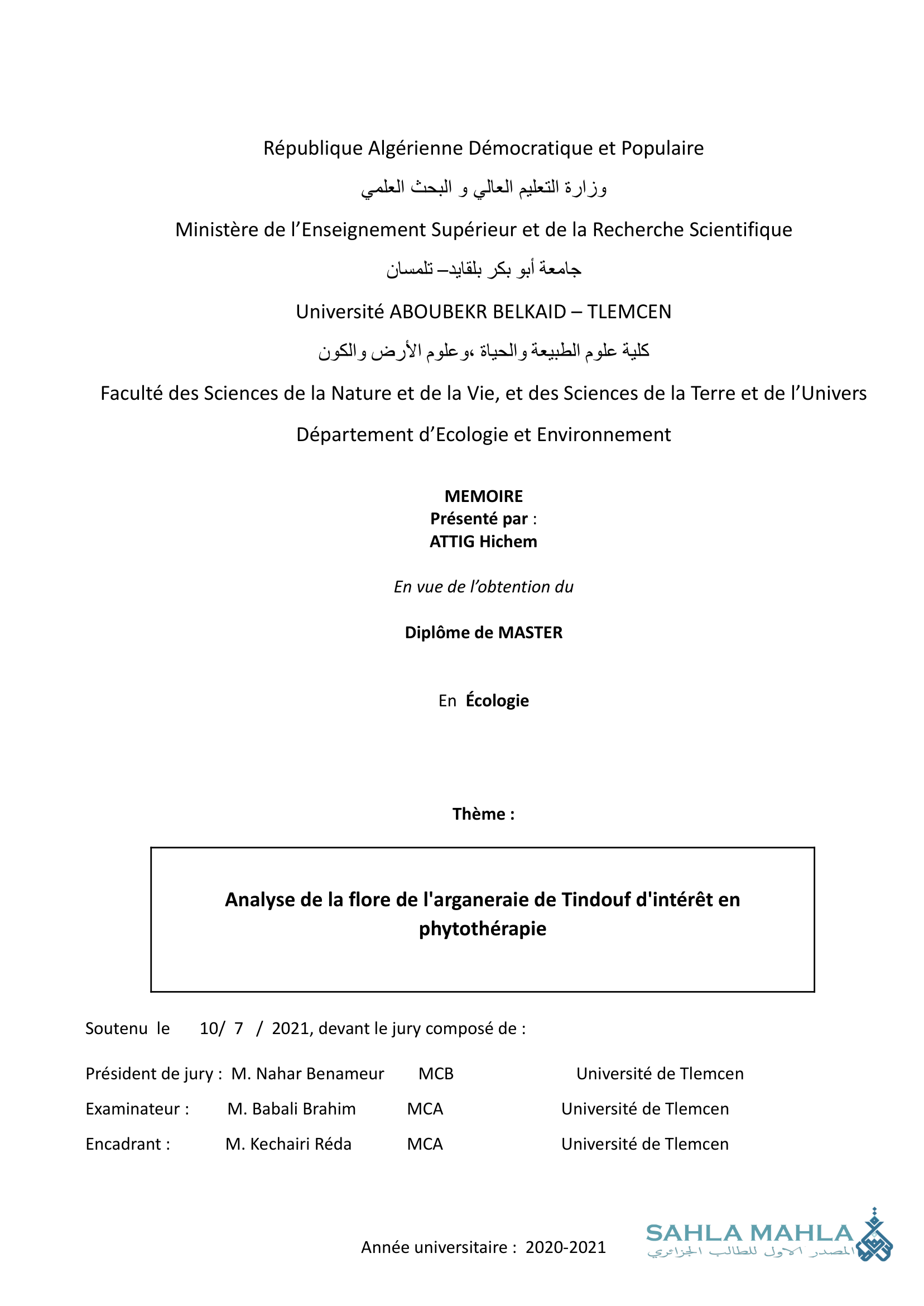 Analyse de la flore de l'arganeraie de Tindouf d'intérêt en phytothérapie
