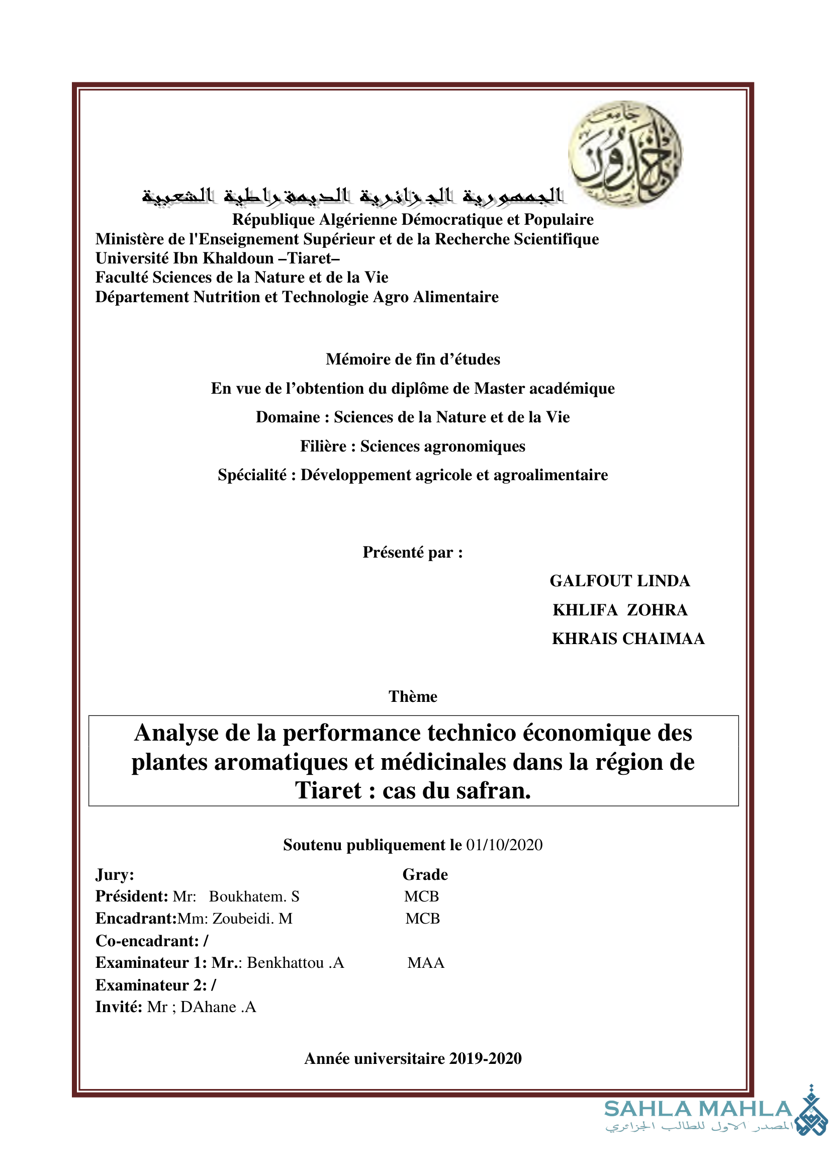 Analyse de la performance technico économique des plantes aromatiques et médicinales dans la région de Tiaret: cas du safran.