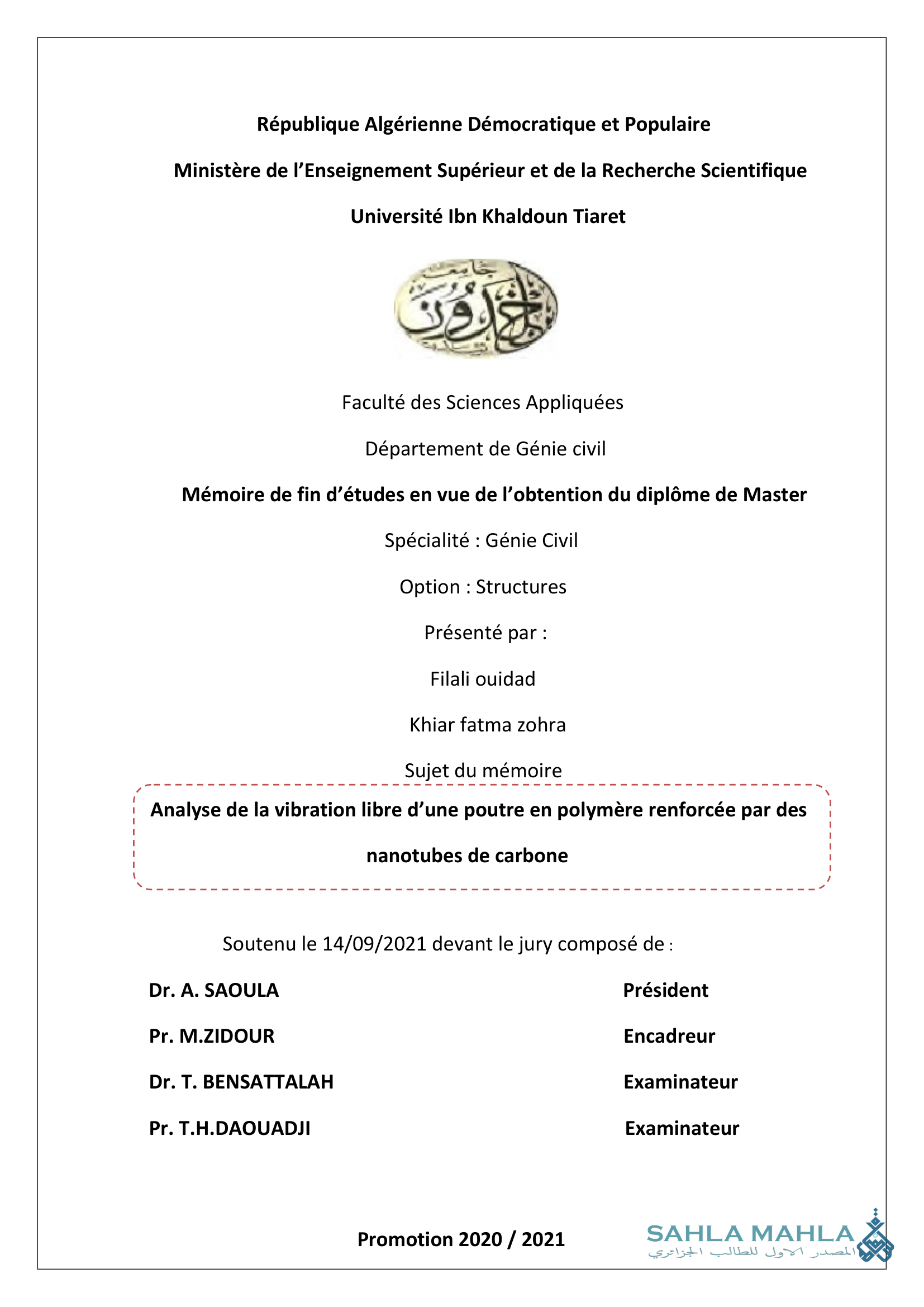 Analyse de la vibration libre d'une poutre en polymère renforcée par des nanotubes de carbone