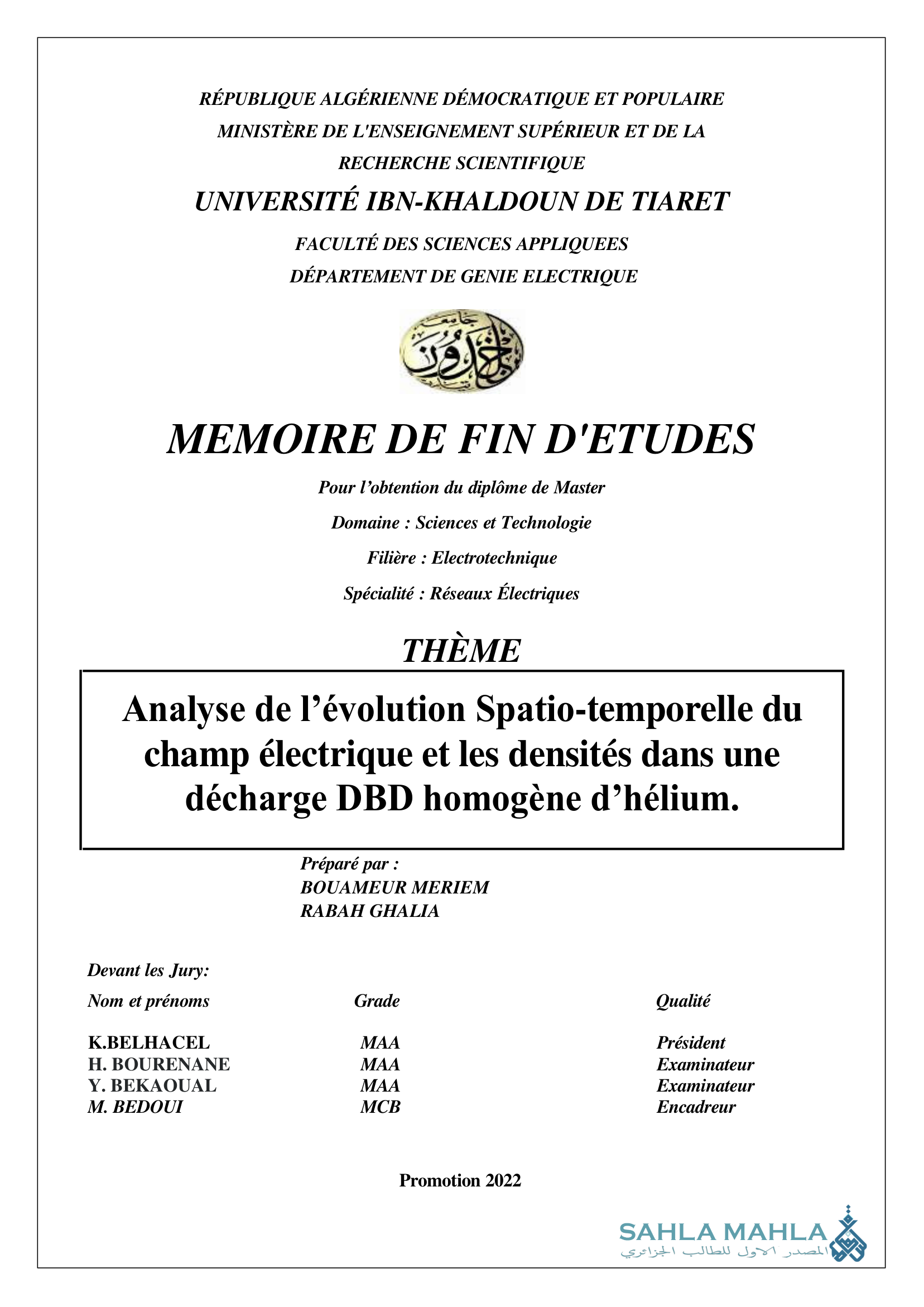 Analyse de l'évolution Spatio-temporelle du champ électrique et les densités dans une décharge DBD homogène d'hélium.