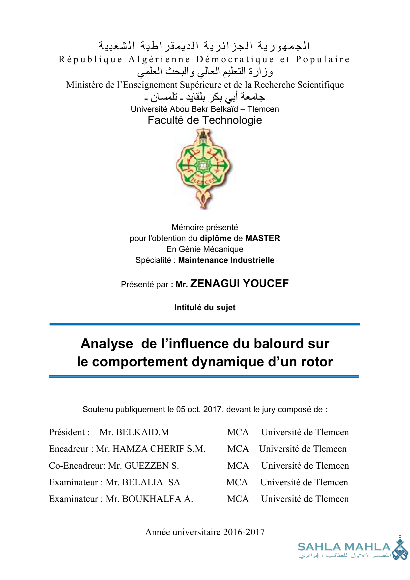 Analyse de l'influence du balourd sur le comportement dynamique d'un rotor