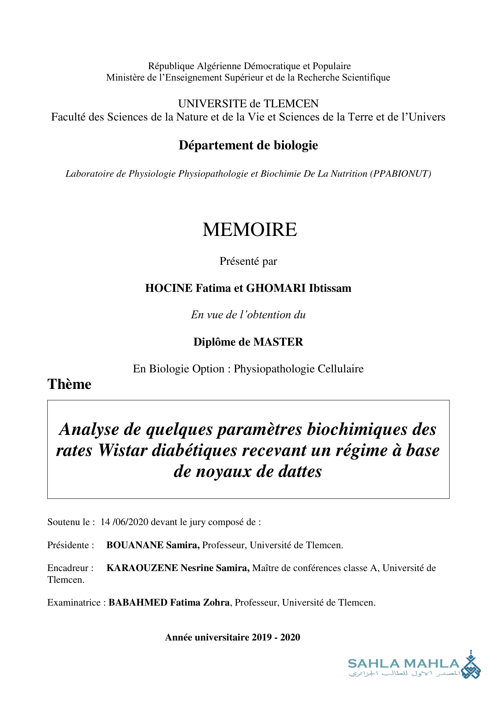 Analyse de quelques paramètres biochimiques des rates Wistar diabétiques recevant un régime à base de noyaux de dattes