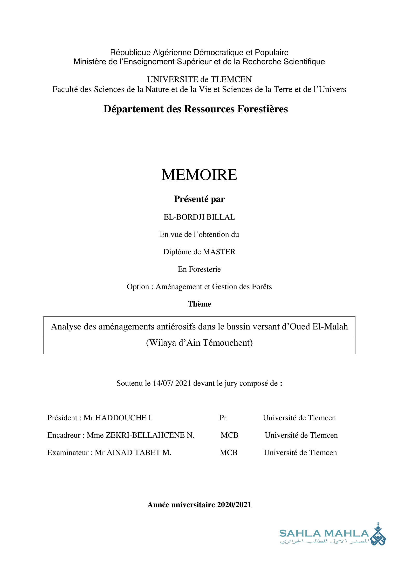 Analyse des aménagements antiérosifs dans le bassin versant d'Oued El-Malah (Wilaya d'Ain Témouchent)