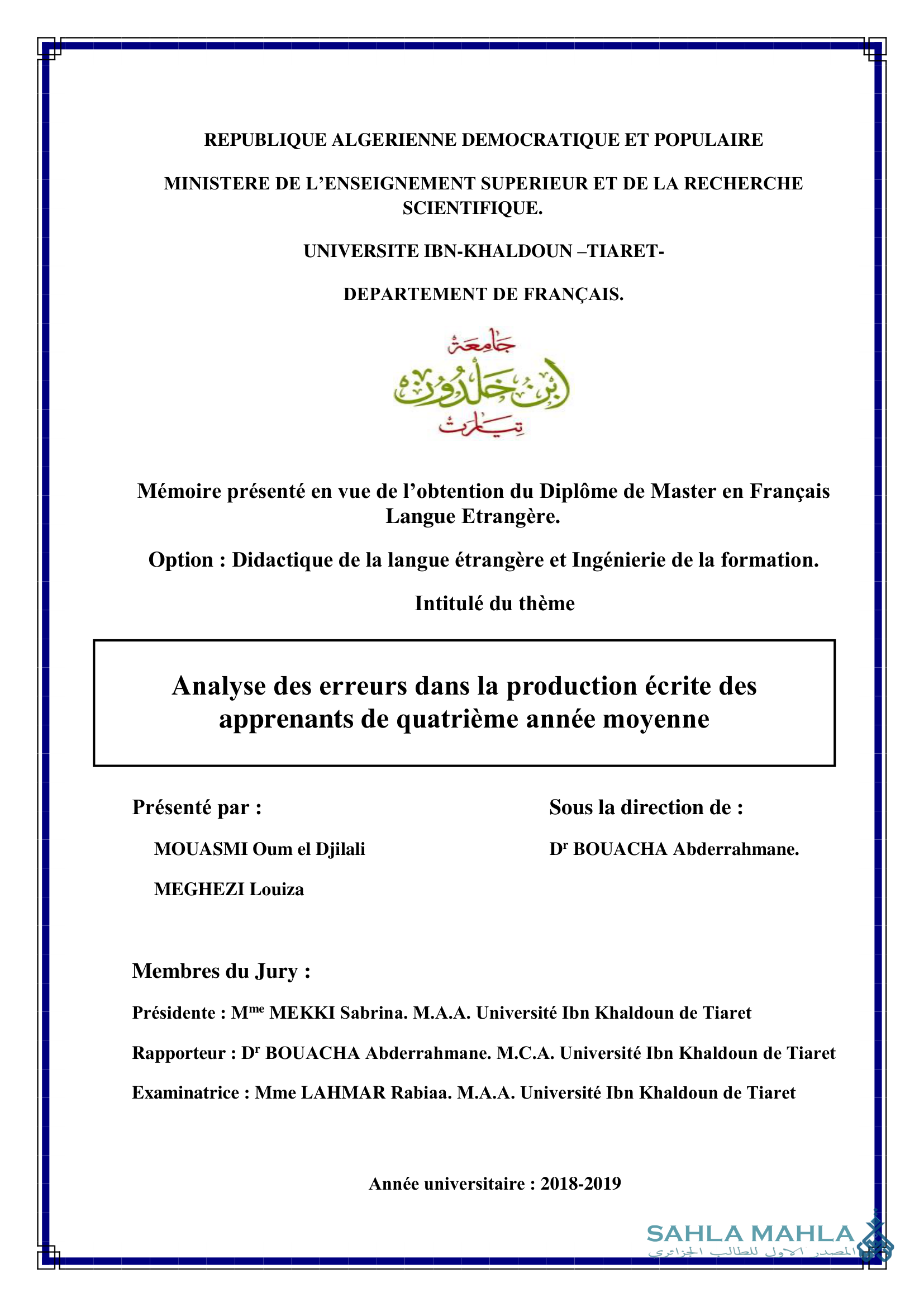 Analyse des erreurs dans la production écrite des apprenants de quatrième année moyenne